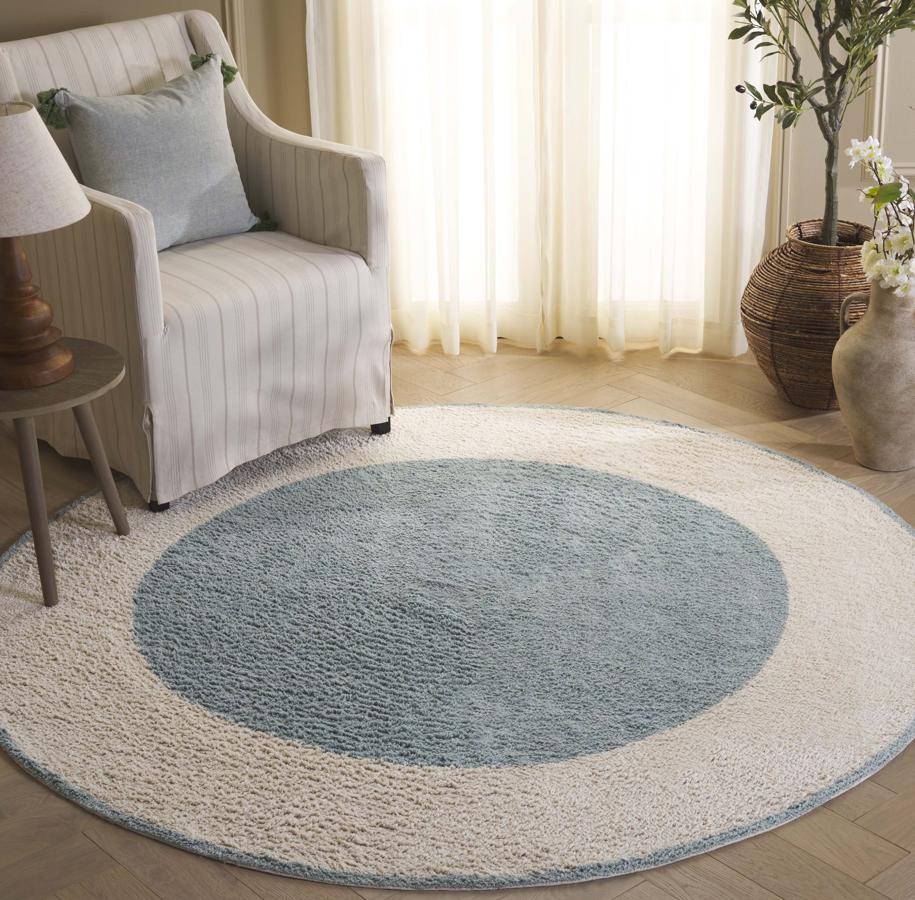  Easy Care 220 Ivory/Turquoise Contemporary 5ft x 5ft Round Rug