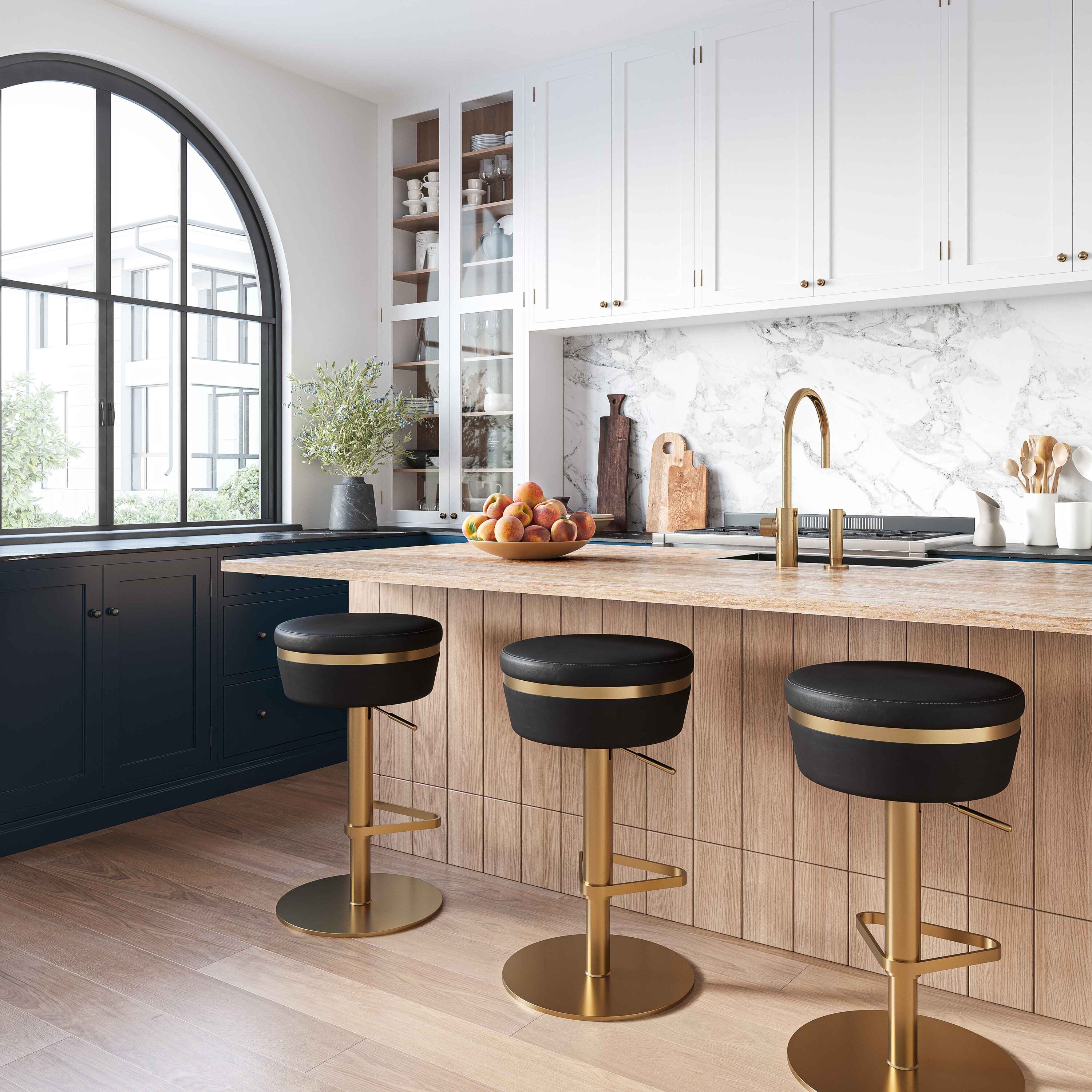 Astro Contemporary Black and Gold Vegan Leather Swivel Stool