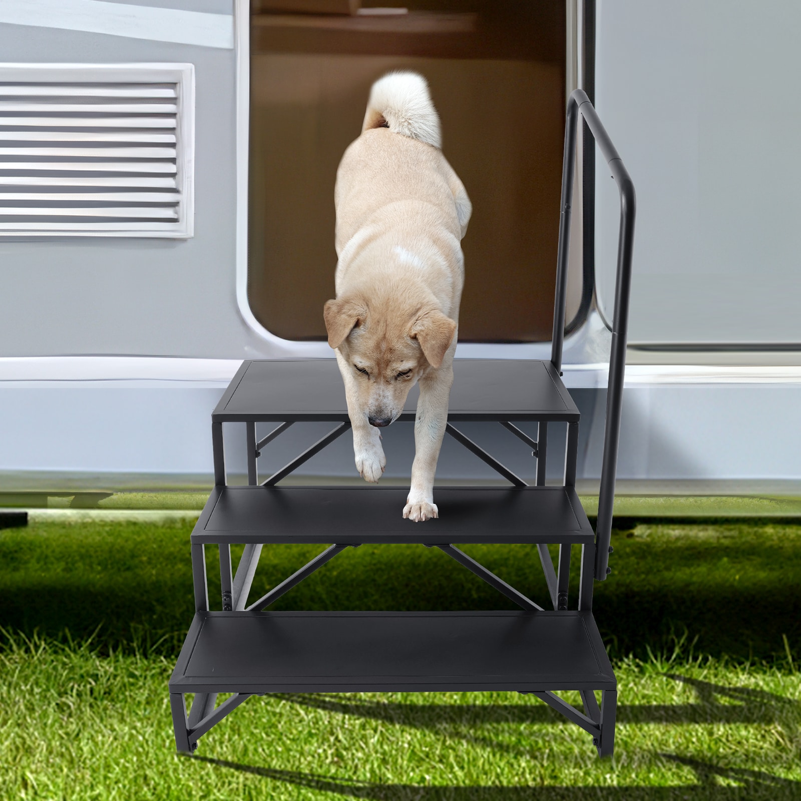 Black Carbon Steel 3-Step RV Stairs with Handrail