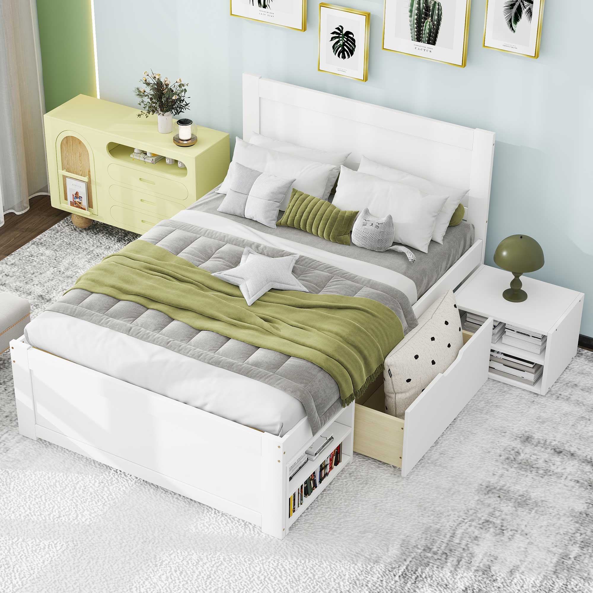 ModernLuxe L-N709P214182K Twin Size Platform Bed With Drawer And Two Shelves, White Antique White Twin Wood Platform Bed with Storage