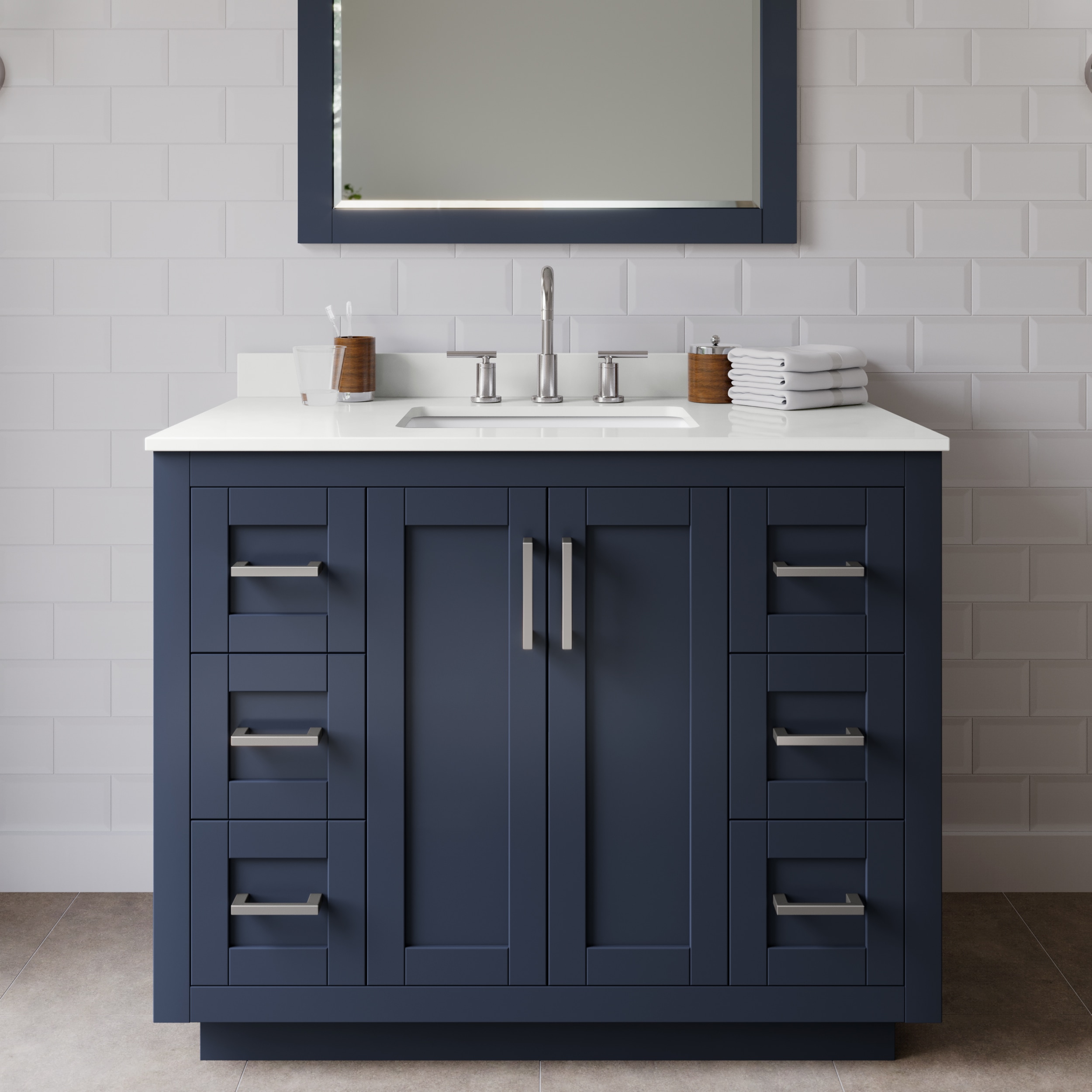 Wyndham Collection WCF292942SBNWQUS3M34 Miranda 42-in Dark Blue Undermount Single Sink Bathroom Vanity with White Quartz Top (Mirror Included)