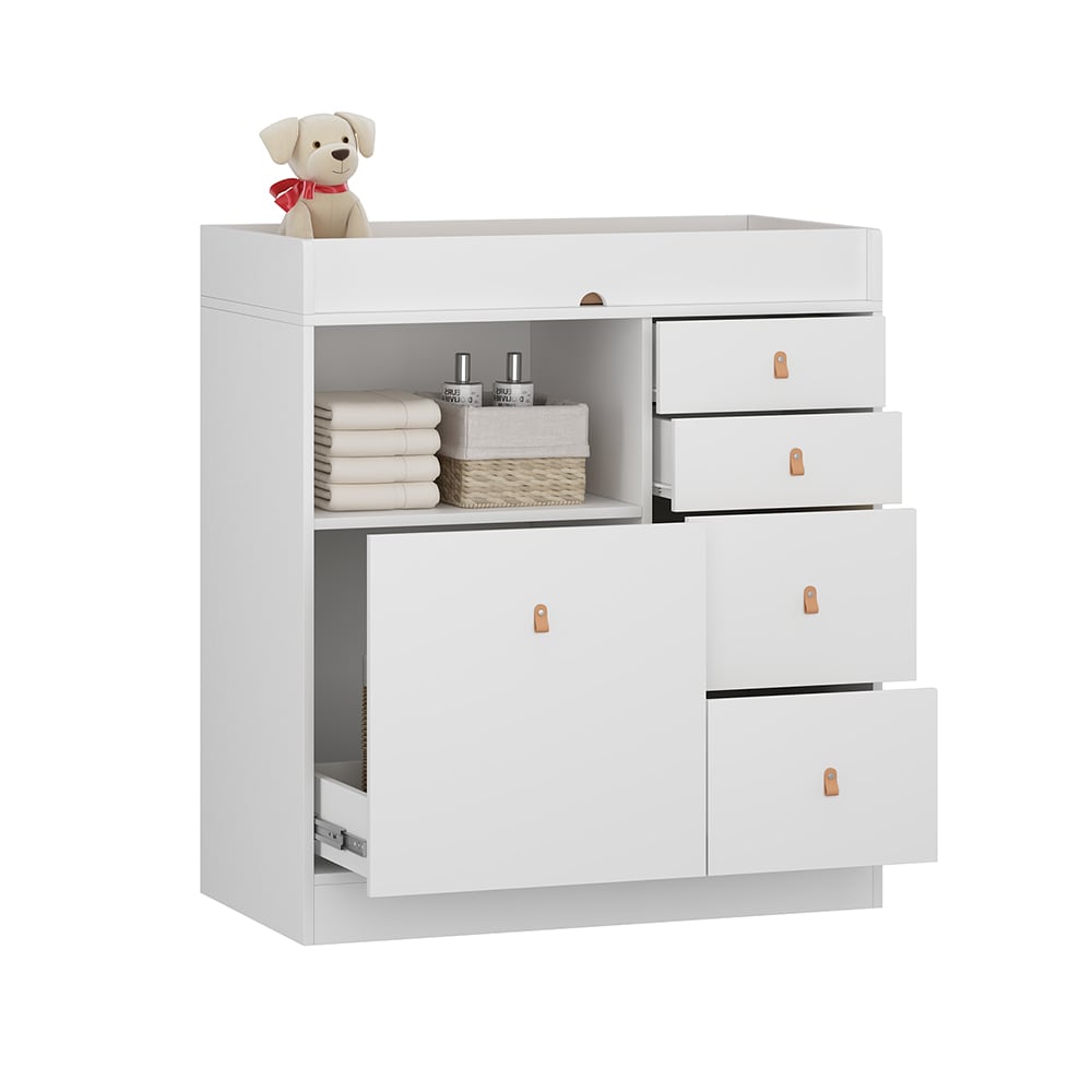 Homsee V-KF180101-01 White Baby Changing Table with 4 Drawers and Open Shelf Modern Dresser for Nursery Infant Diaper Station and Kids Storage Cabinet