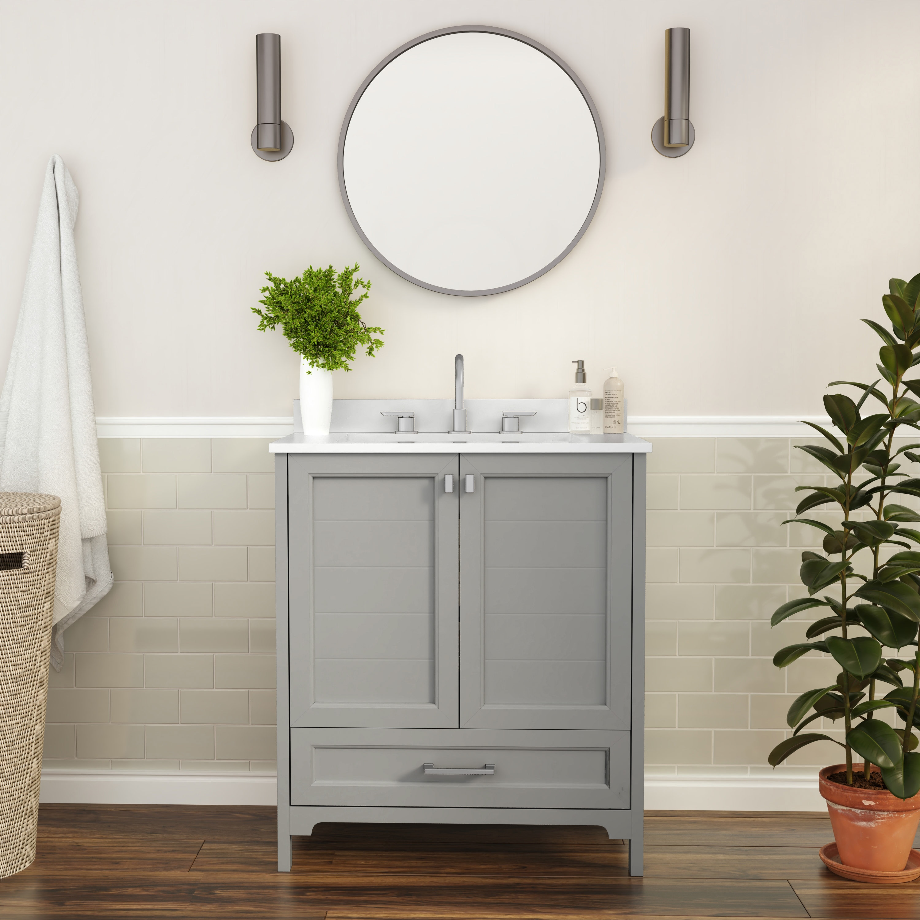 Flash Furniture 196861170041 Haven 30 Inch Bathroom Vanity with Sink; Storage Cabinet with Soft Close Doors and Bottom Drawer; Carrara Marble Finish Countertop; Gray