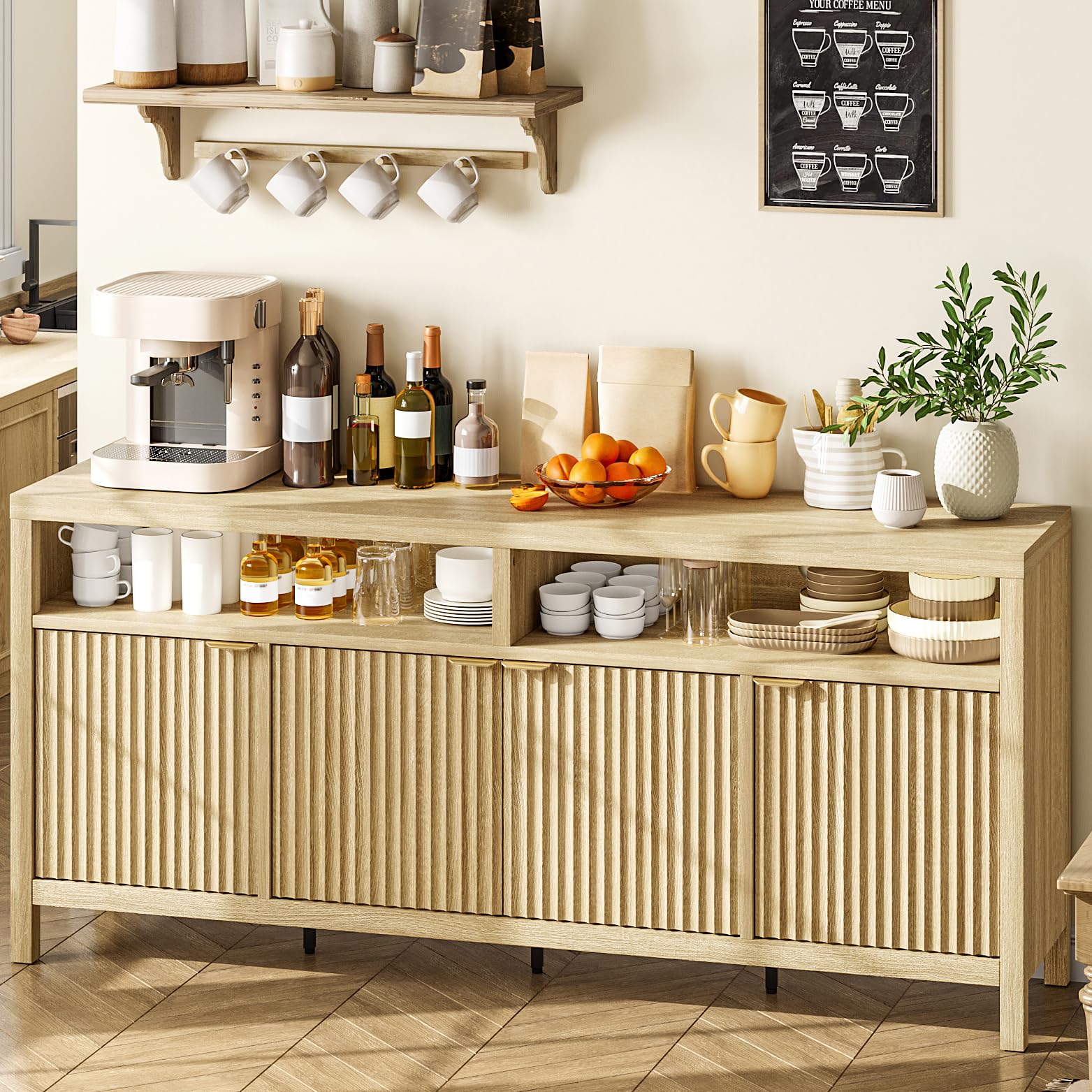 GarveeLife 65.8-in Fluted Sideboard Buffet Cabinet with 4 Adjustable Shelves Modern Storage Credenza for Dining Room Kitchen and Entryway