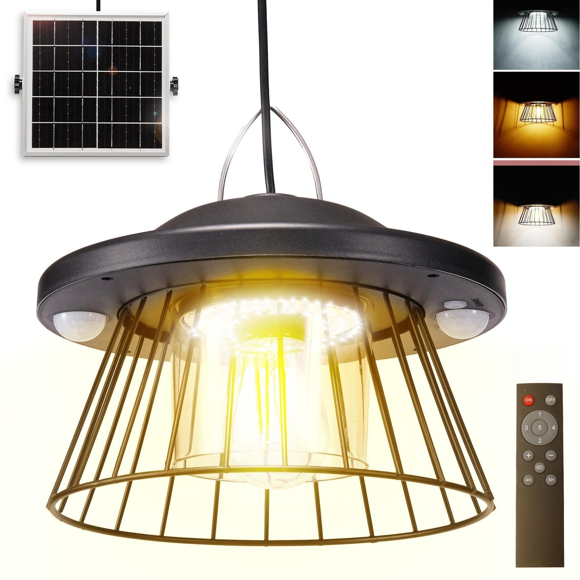 Lukvuzo  Solar Powered LED Pendant Light Indoor Outdoor Metal E27 Bulb Cool or Warm White Five Modes for Shed Barn Chicken Coop Patio Garden Yard