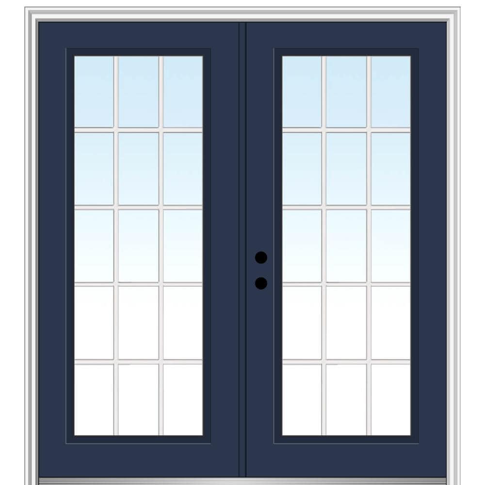 MMI DOOR ZZ10778R 64-in x 80-in x 4-9/16-in Fiberglass Full lite Right-hand inswing Naval Painted Prehung Double Front Door with Brickmould Insulating core with Grilles