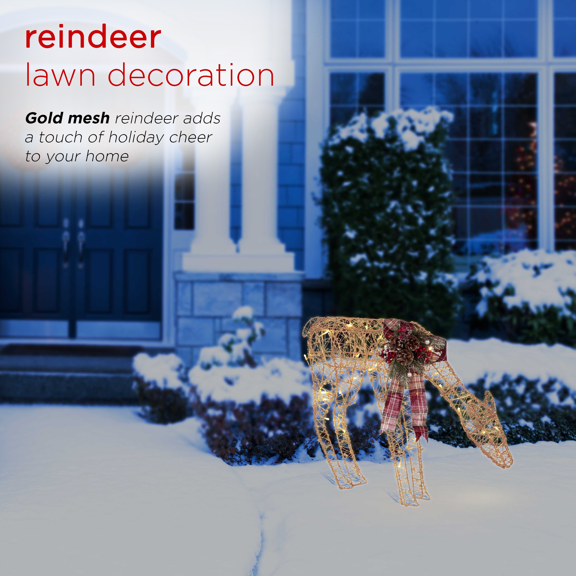 Gold Mesh Reindeer with LED Lights and Festive Bow