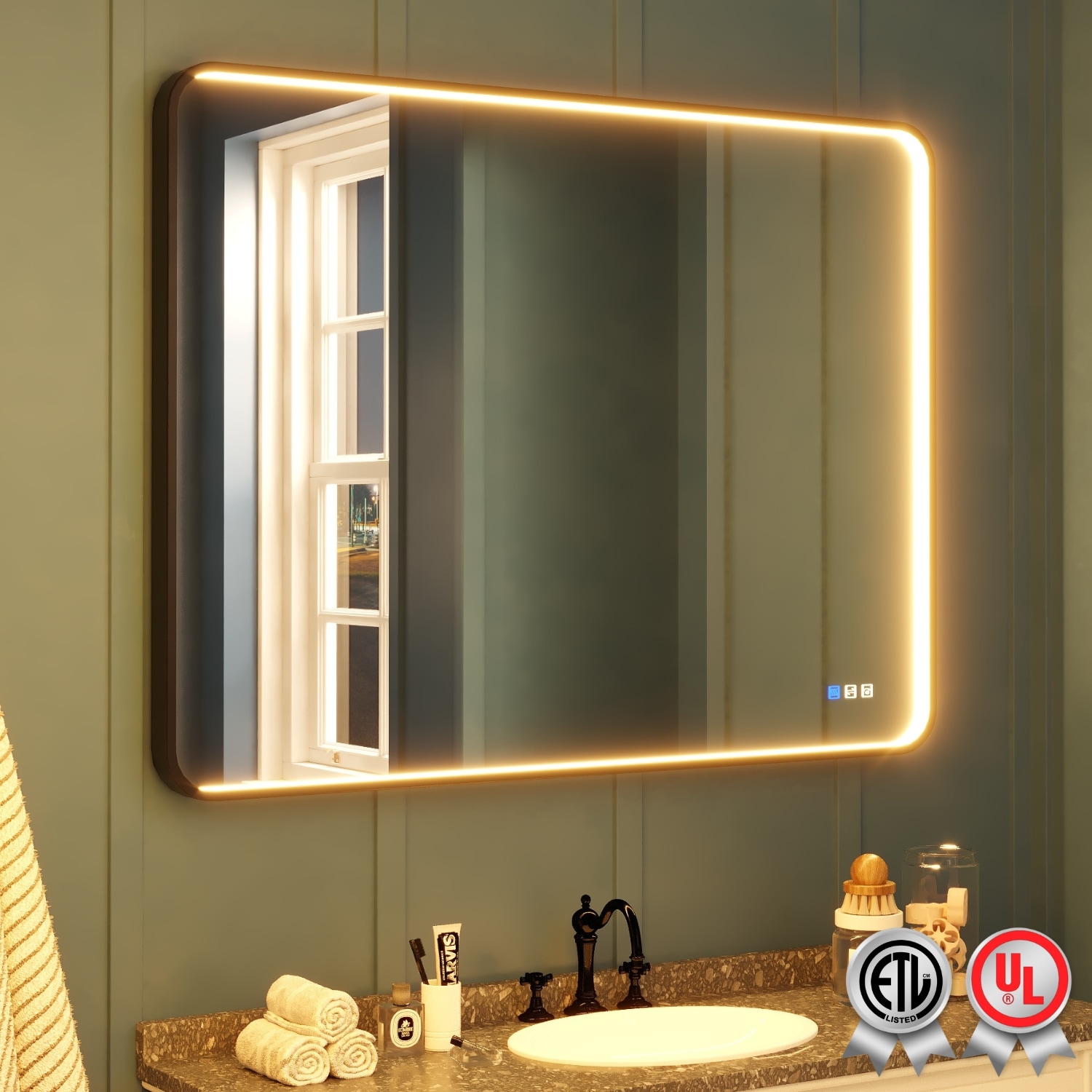 waterpar WPLO-2423 48-in x 36-in Framed Rectangle Dimmable LED Lighted Fog Free Bathroom Vanity Mirror ( Matte Black )