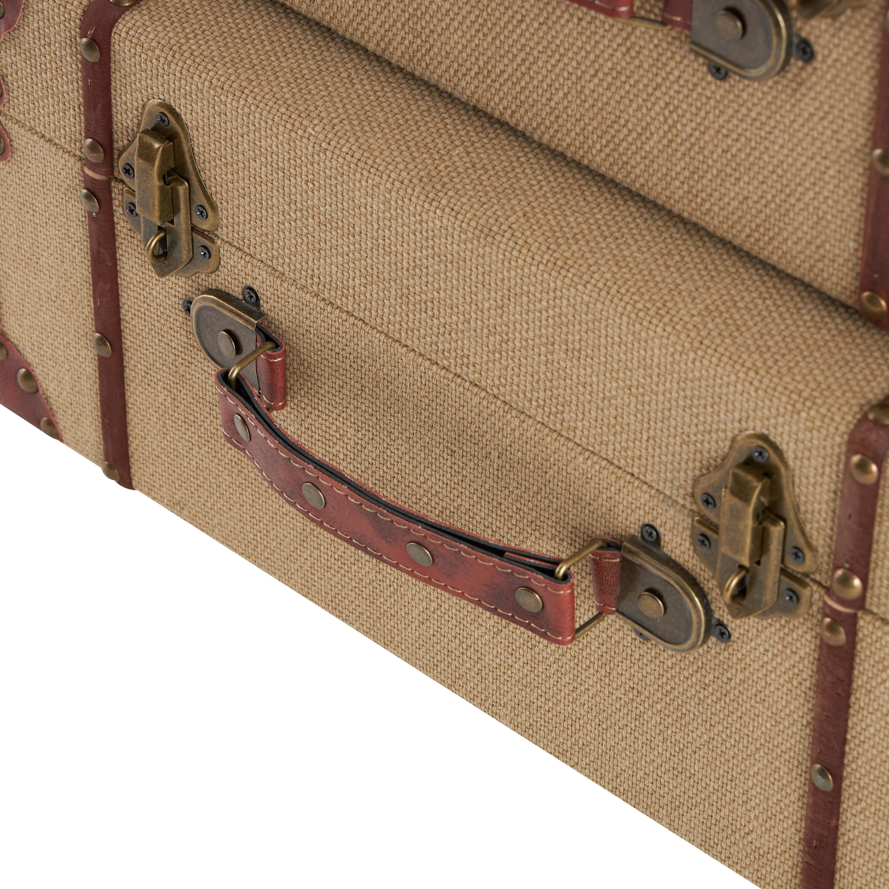 Beige Burlap and Leather Vintage Trunk Set, 2 Pieces