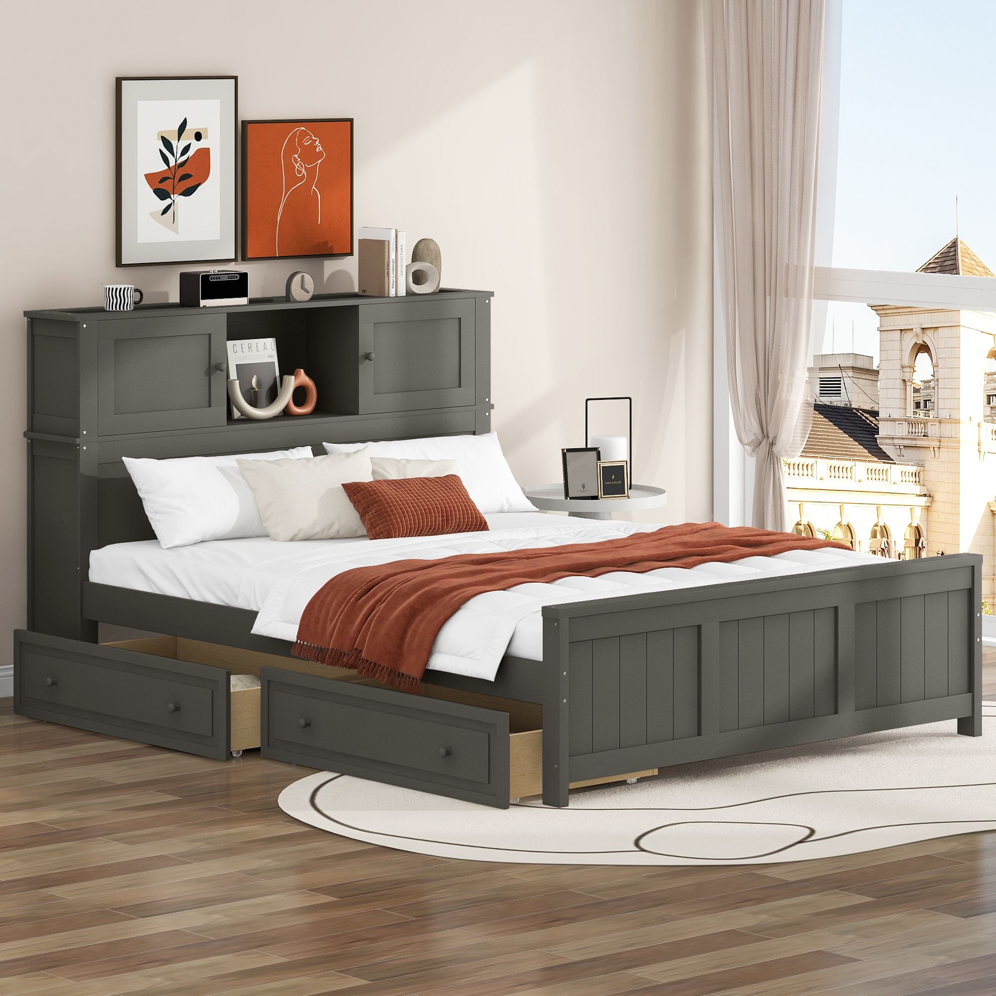 Yiekholo LL-1758AAE Gray Full Wood Bed frame Bed with Storage