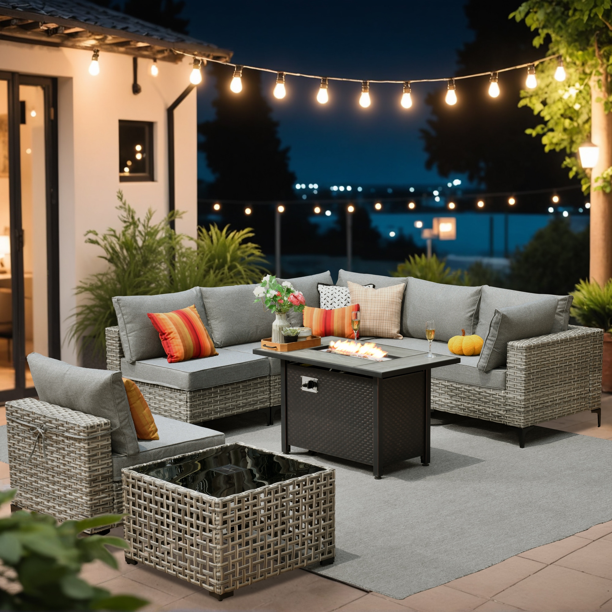 XIZZI XISKT204-IFP Amber 8 -Piece Rattan Patio Sofa Conversation Set with Dark Gray Cushions