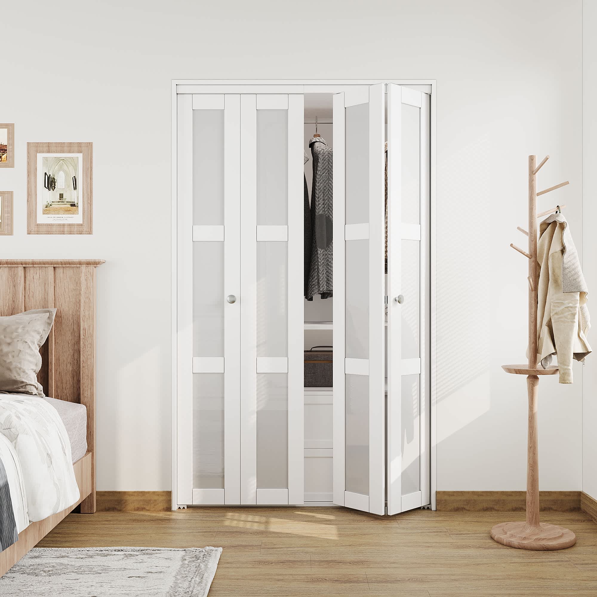 Ark Design White 3 Lite Closet Bi-Fold Doors Tempered Frosted Glass Folding Door Solid MDF Closet Door Prefinished Surface Pre-Drilled Holes 48-in x 80-in