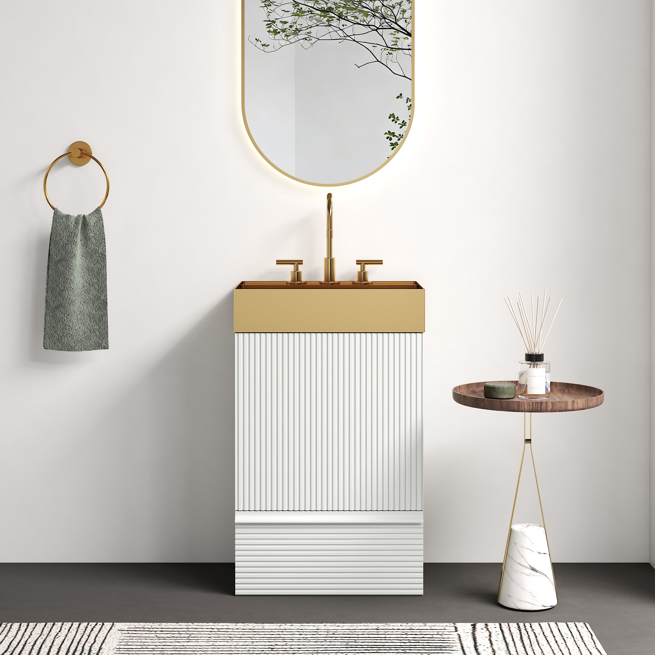 Huluwat 20 Inches Striped Velvet White Bathroom Vanity with Integrated Brushed Gold Metal Vessel Bathroom Sink Freestanding Bathroom Cabinet for Modern Bathroom One-Piece Gold Metal Basin without Faucet and KD