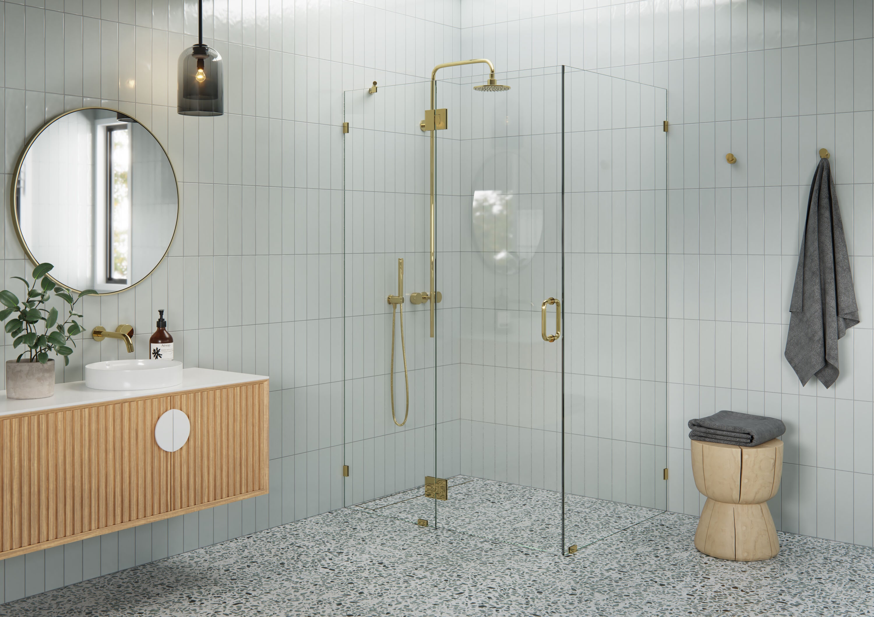Glass Warehouse Halo Polished Brass 47-in W x 78-in H Frameless Clear Glass Hinged Shower door