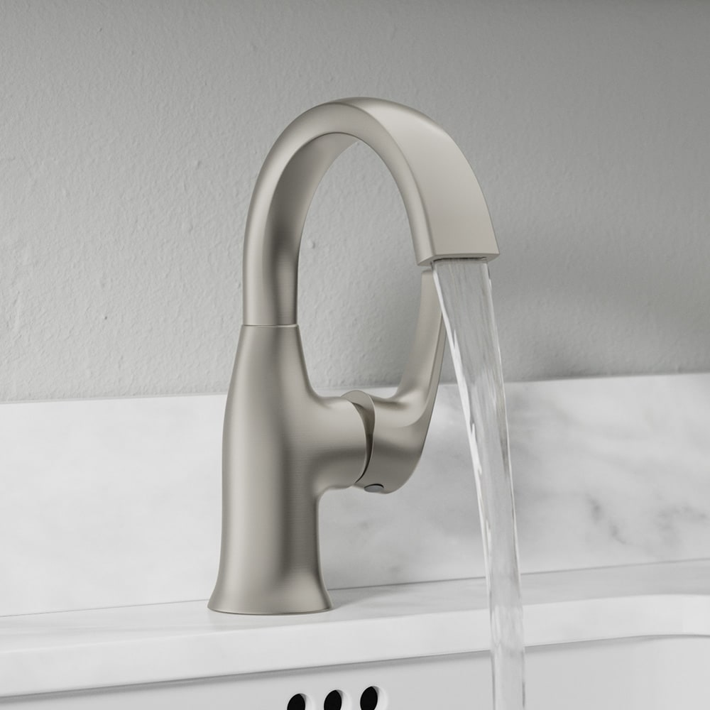 allen + roth FS6AC092NP Camberly Brushed Nickel Single hole 1-handle WaterSense High-arc Residential Handle Bathroom Sink Faucet with Drain with Deck Plate