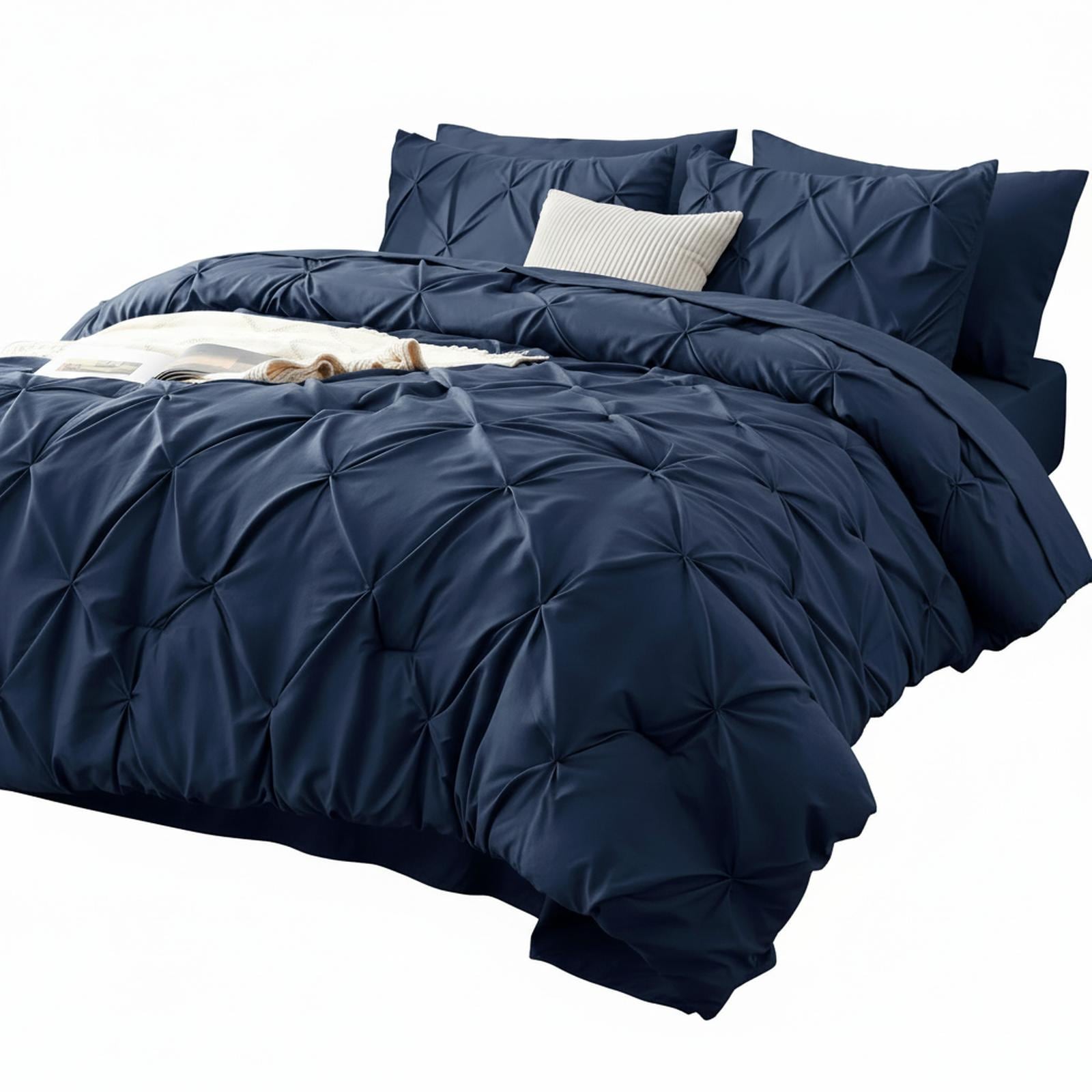 OMOMMD Full Pinch Pleat Bed in a Bag Comforter Set with Sheets Pillowcases Shams Microfiber Soft Breathable Machine Washable
