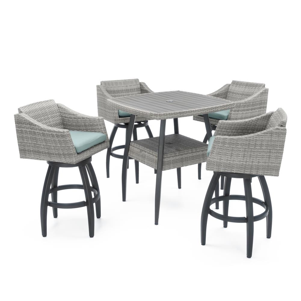 RST Brands OP-PEBST5-CNS-BLS-K Cannes 5-Piece Gray Wicker Bar Height Patio Dining Set Wicker Square Table with 4 Blue Cushions Swivel Chairs