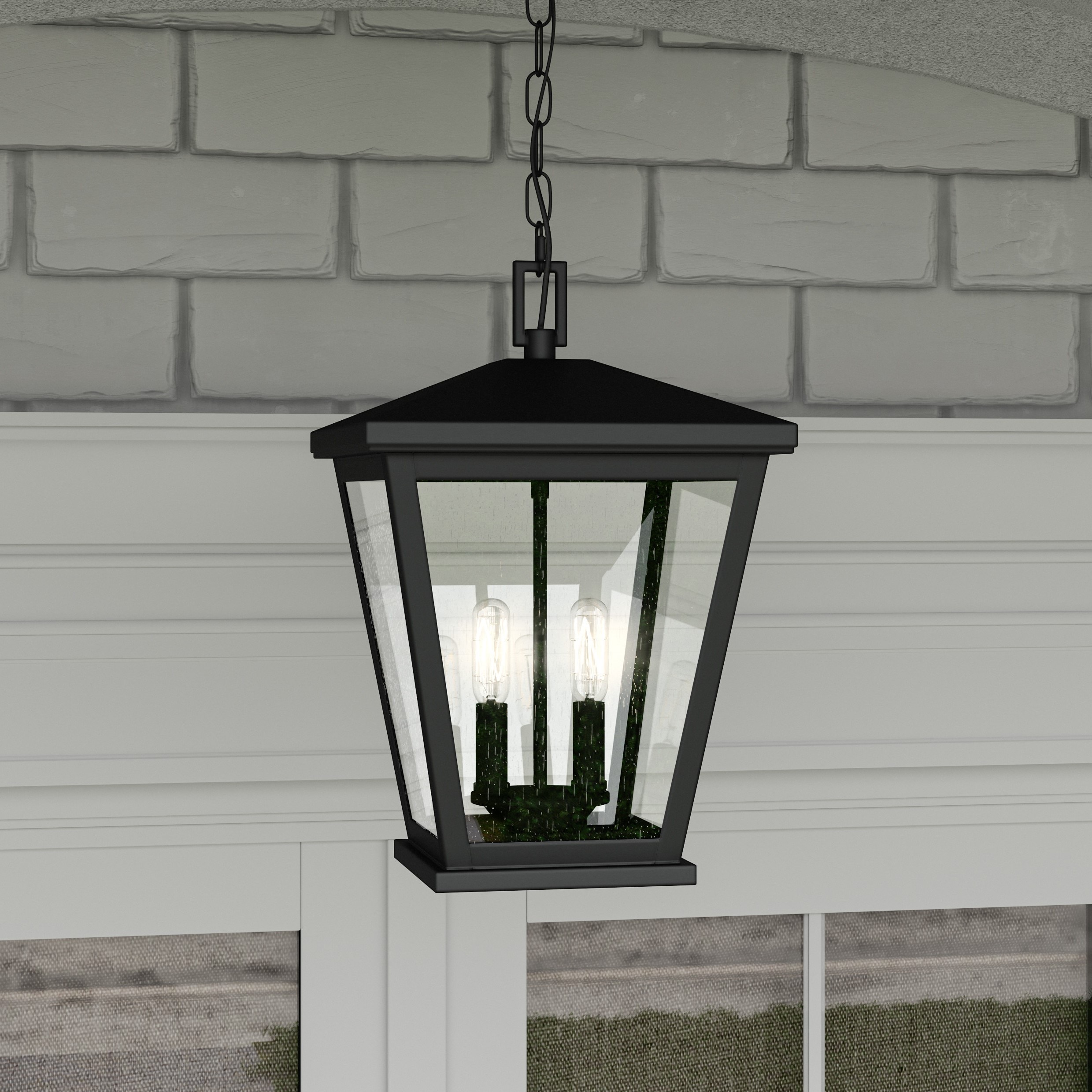 Quoizel Joffrey 2 Light Matte Black Transitional Seeded Glass Lantern Medium Outdoor Hanging