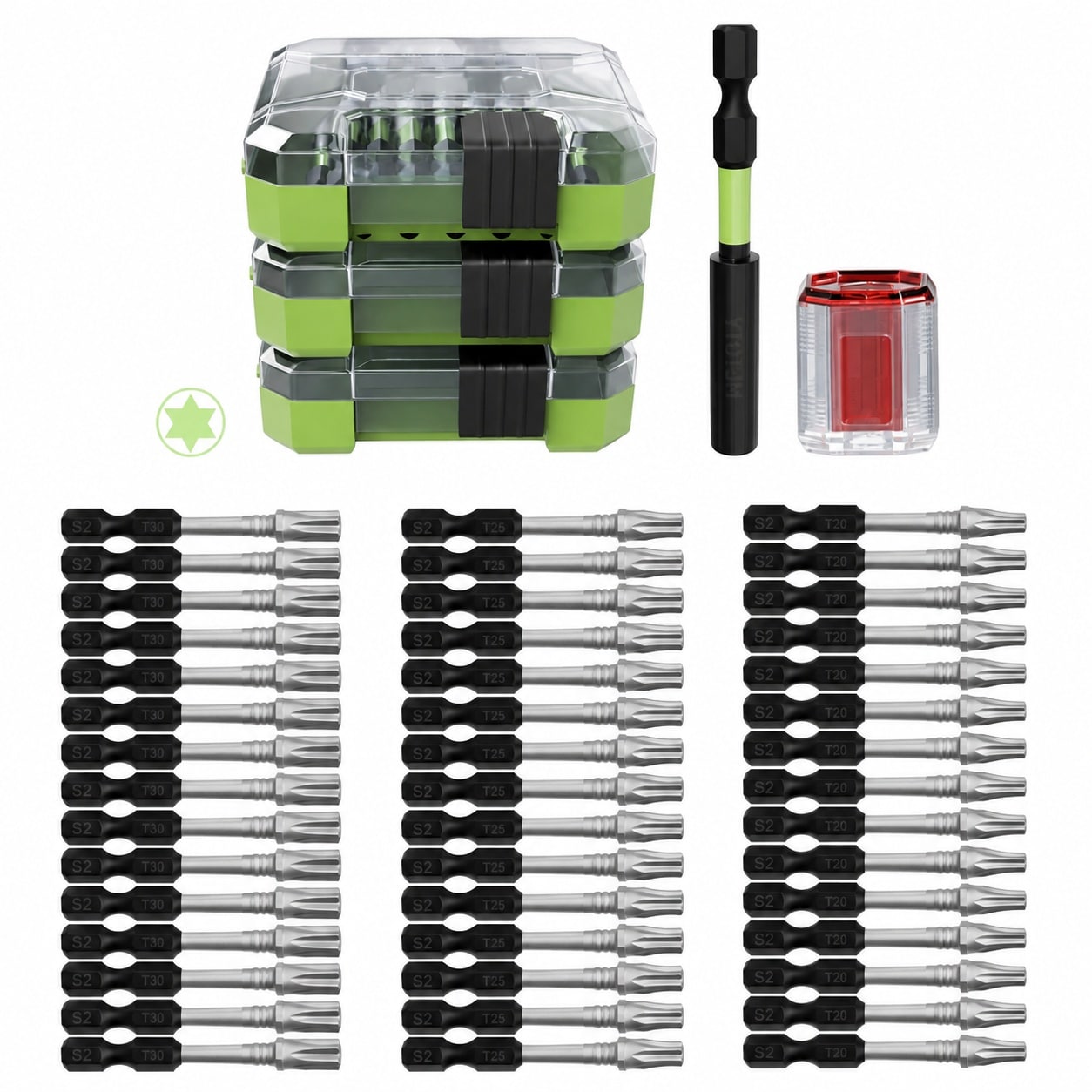 Ahfiwaso 47PCS Impact Torx Screwdriver Bits Set Magnetic T20 T25 T30 S2 Steel Multi Star Driver Bits with Green Storage Box #LAH0818Q241