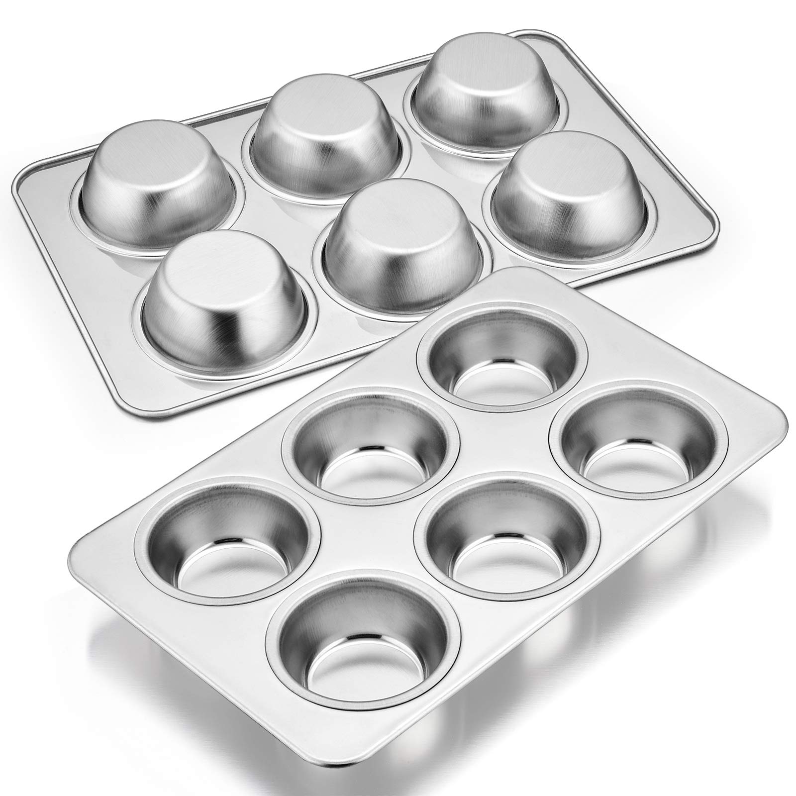 DHMHD Stainless Steel Muffin Pan Set of 2 6 Cup Metal Cupcake Pan Tray Oven and Dishwasher Safe Regular Size 11.44 x 7.12 x 1.25 inch