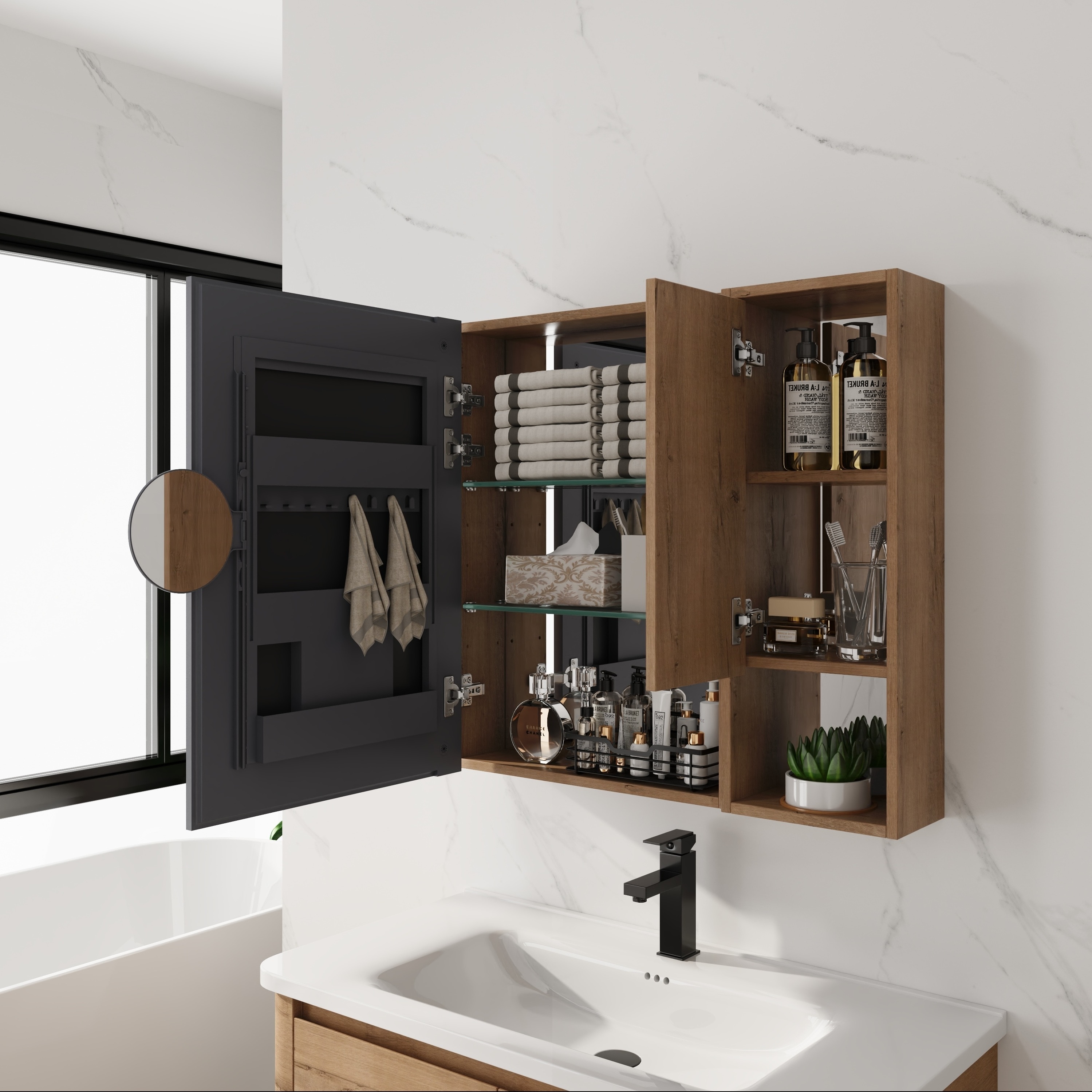 LOVMOR 29.63-in x 5.88-in x 27.56-in Imitative Oak Bathroom Wall Cabinet with Mirror and Adjustable Shelves for Laundry Storage #SF-W-W999S00557