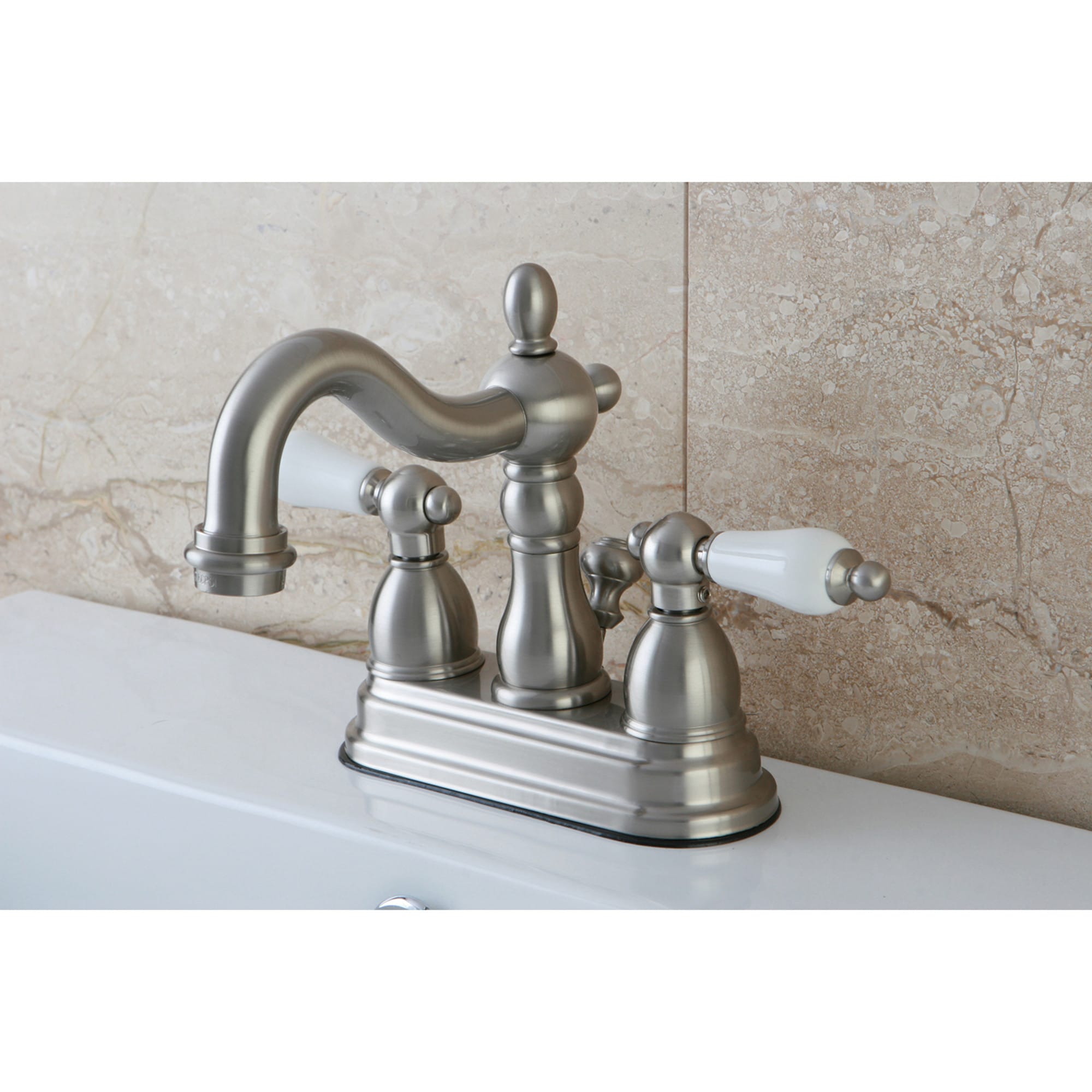 Kingston Brass WLKB1608PL Vintage Brushed nickel 4-in centerset 2-handle Mid-arc Residential Handle Bathroom Sink Faucet with Drain