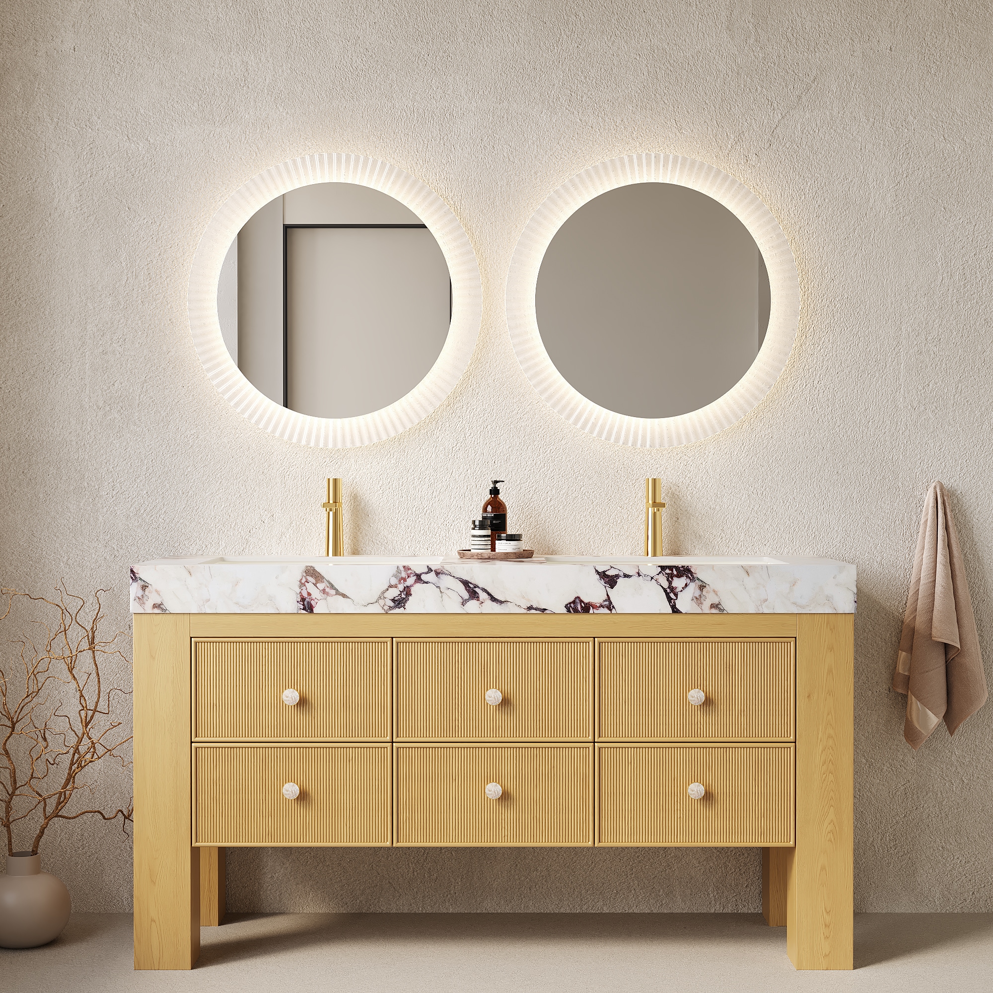GDFStudio Lonis 60 in. Freestanding Wood Bathroom Storage Cabinet with 6 Drawers-Sintered Stone Countertop with and 2 Ceramic Basins-Pre-Assembled- Corolla Oak Woodgrain Finish