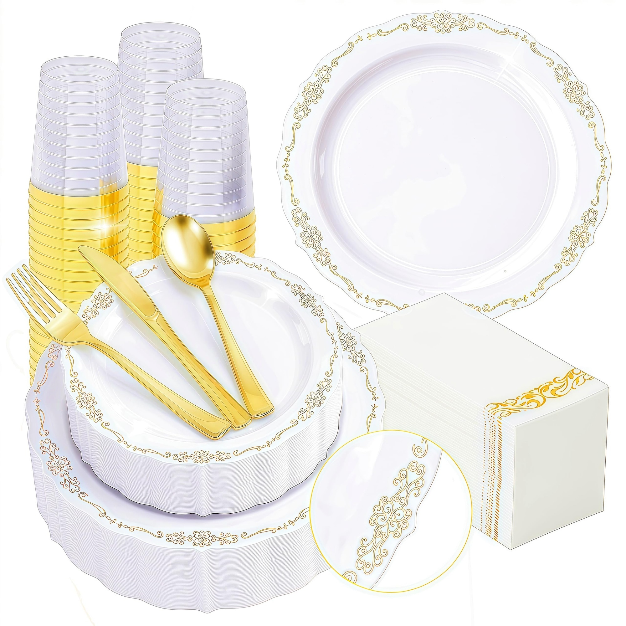 Aoibox  350 Piece White and Gold Disposable Dinnerware Set for 50 Guests with Plates Silverware Cups and Napkins