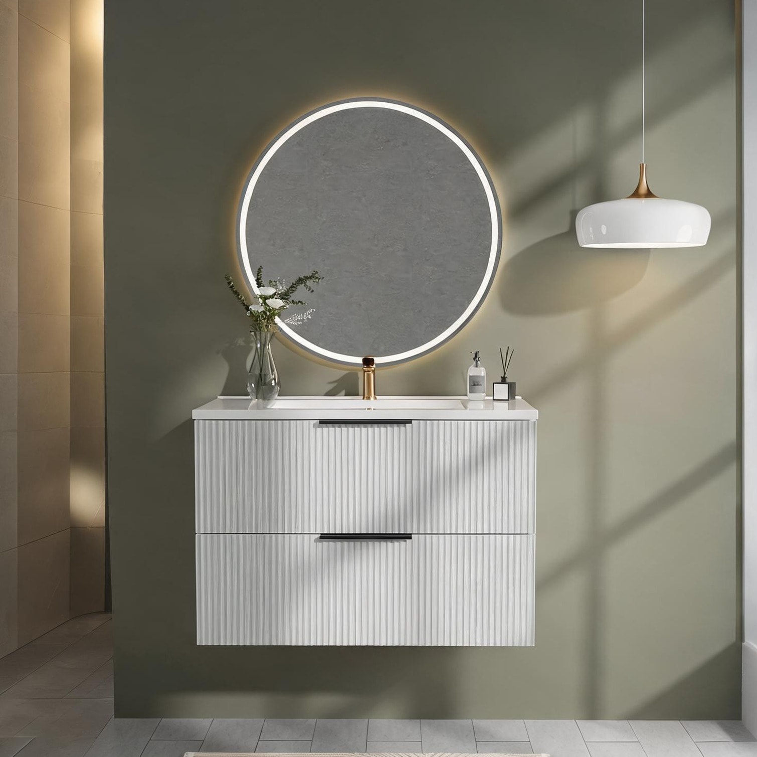 Watnature 30 Inch Wall Mount Floating Bathroom Vanity with Ceramic Sink Modern Fluted White-Toned Finish Two Drawers