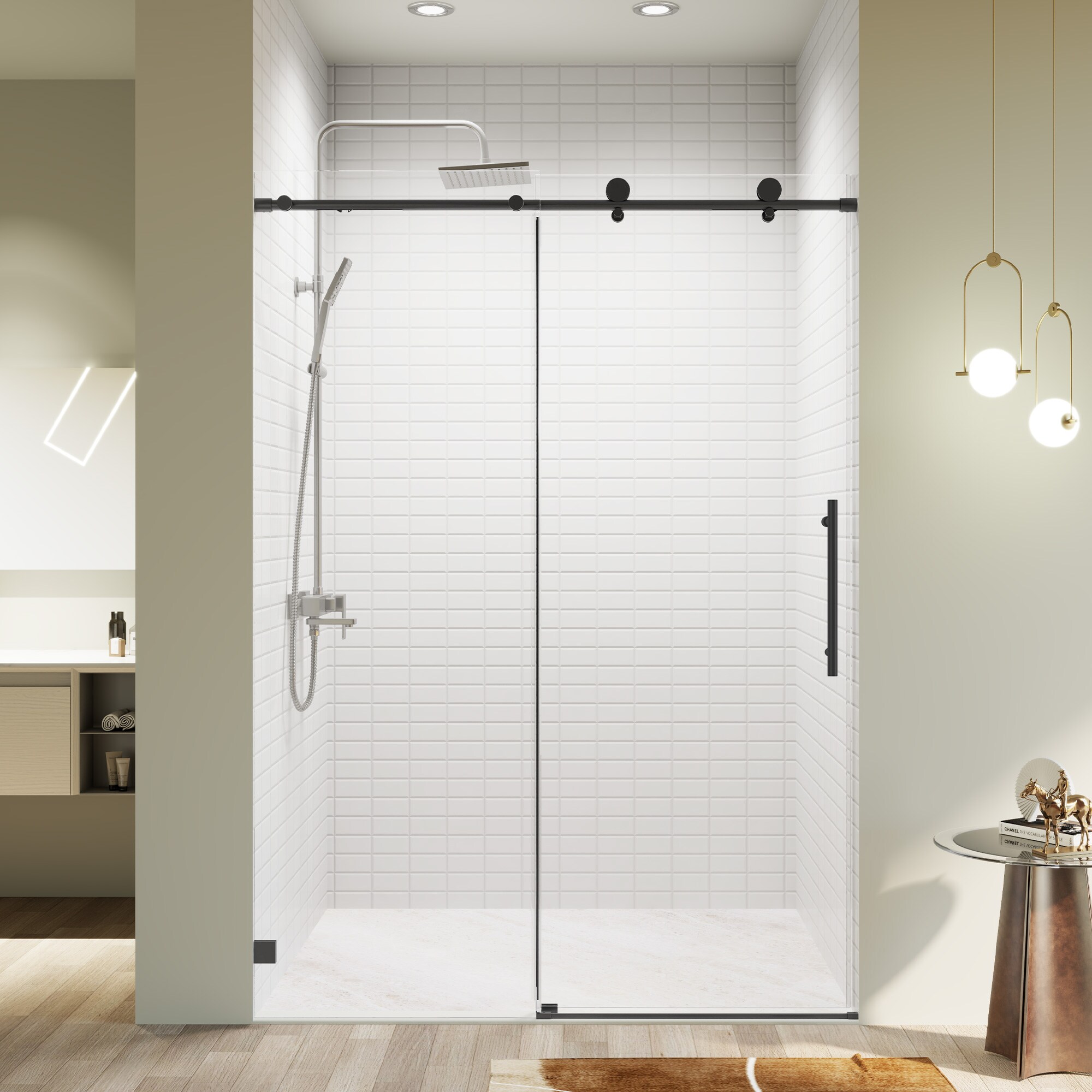 LOVMOR  50-54 in W x 76 in H Frameless Single Sliding soft-close Shower Doors Bathroom Sliding Shower Door 5/16 in Matte Black