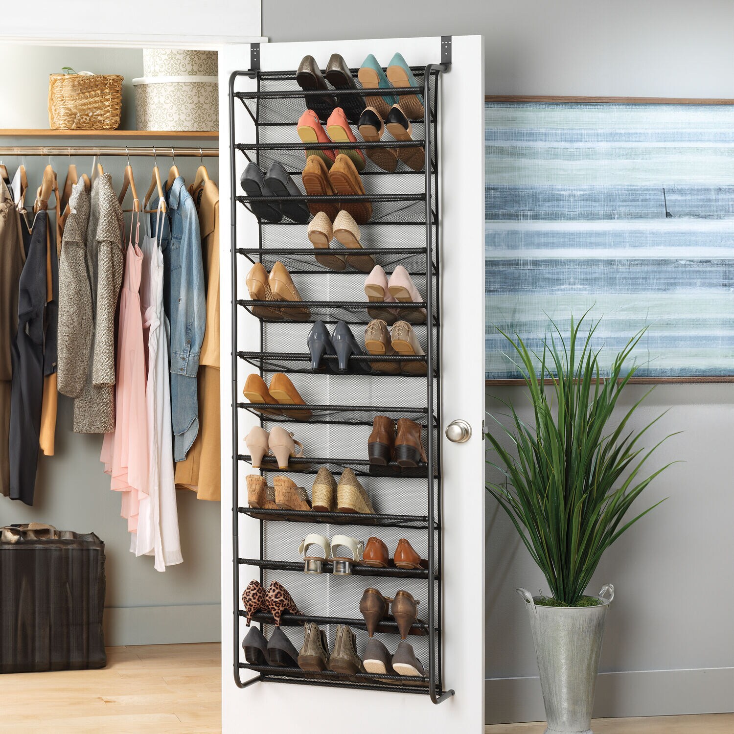 Gunmetal Gray Over-the-Door 36-Pair Shoe Rack with Mesh