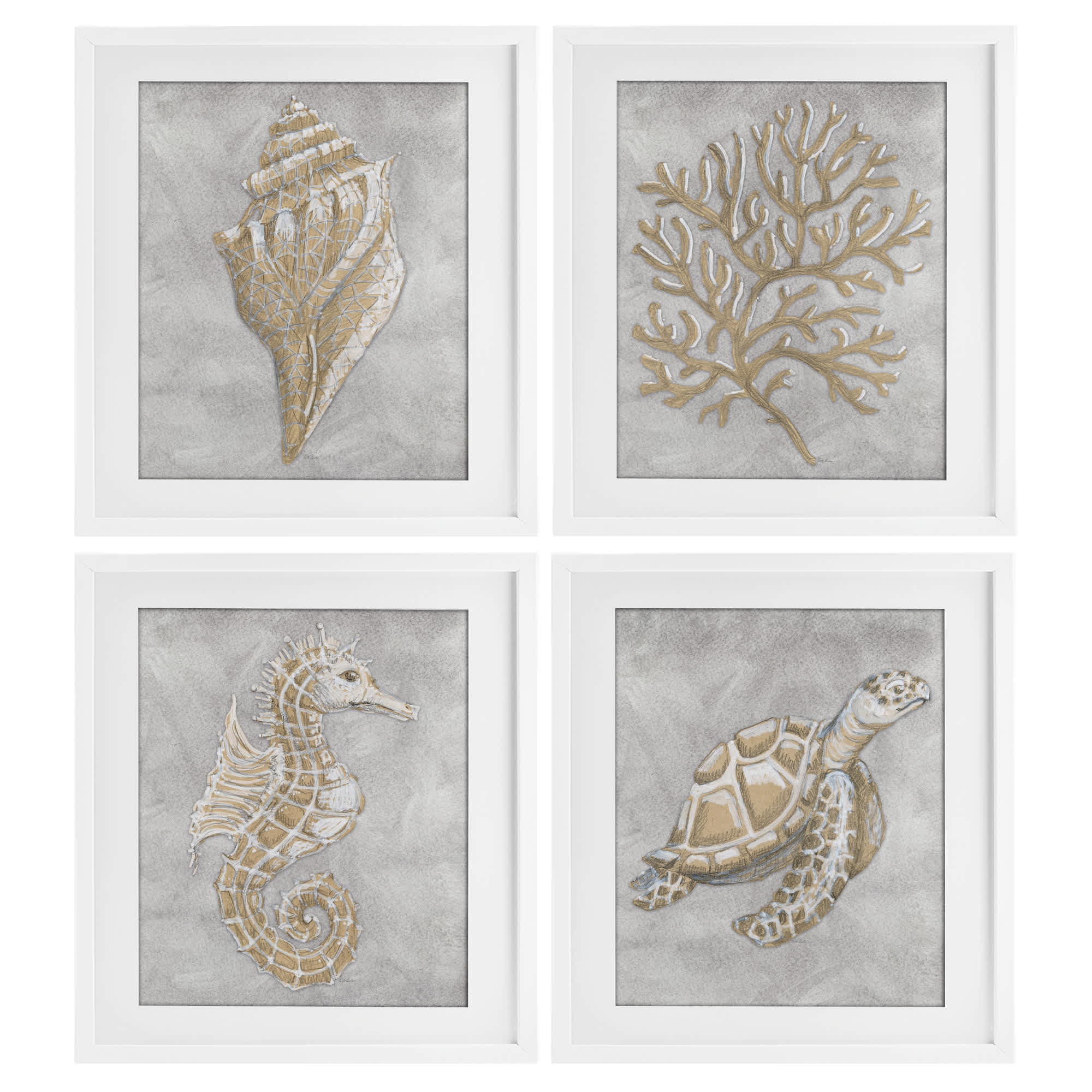 Stupell Industries A4-294-MFW-4PC-13X16 Grey Sea Life Drawing White 4pc Framed Print Under Glass Set 13 x 16