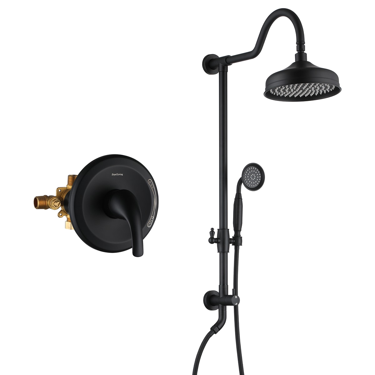 Mondawe AM-S133A2C-10GB Matter Black 8-in Shower Faucet Bar System with 2-way Diverter ( Pressure-balanced Valve Included )