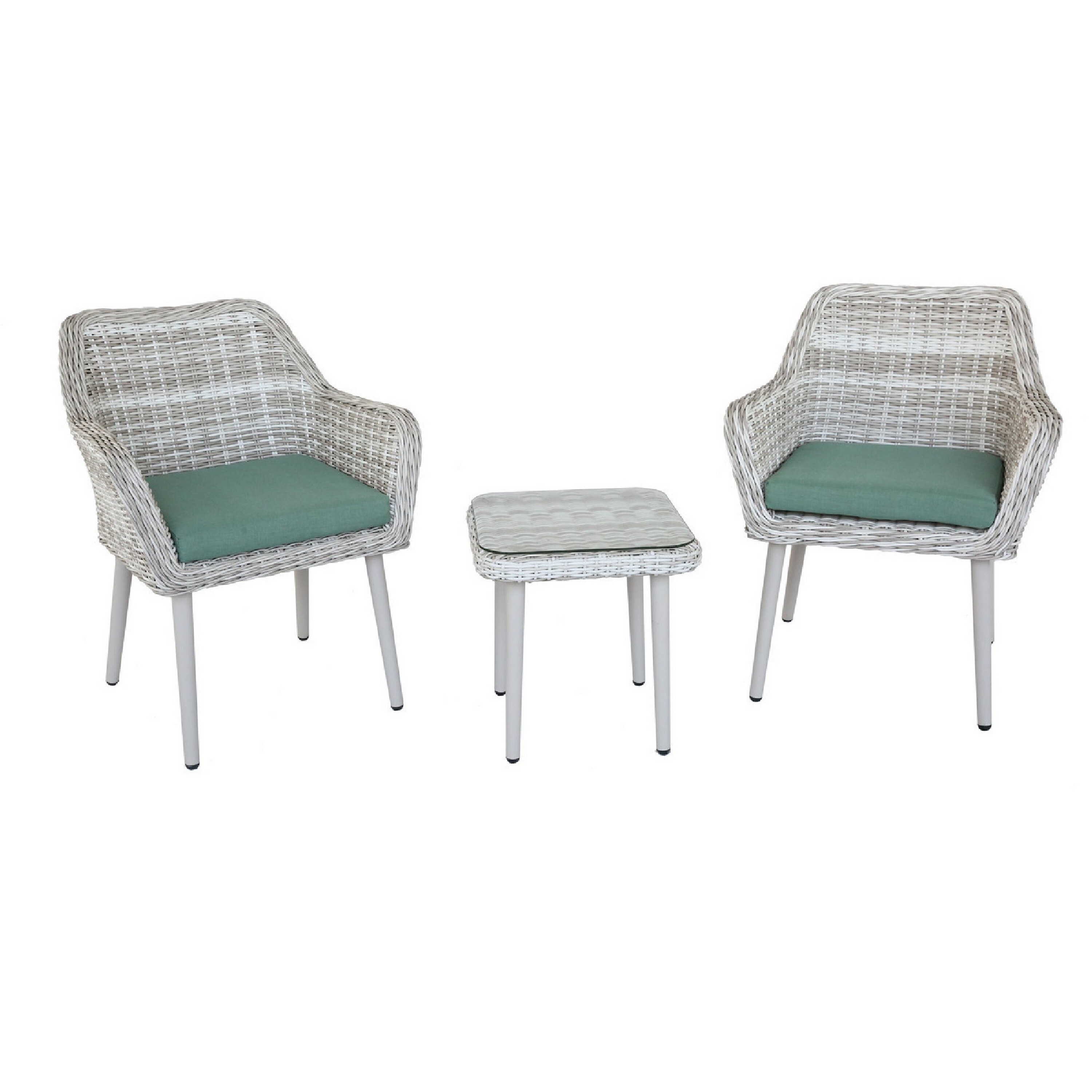 Benzara BM194435 3 -Piece White Wicker Patio Dining Set Wicker Square Table with 2 Green Cushions Stationary Chairs