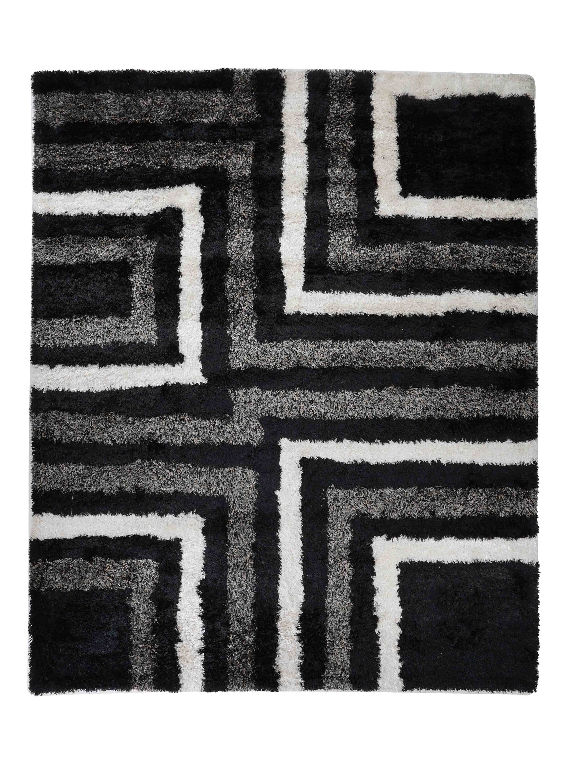 Rugsotic Carpets  HAND TUFTED SHAG POLYESTER ECO-FRIENDLY AREA RUGS  - 8'x10' Rectangle Shape Black Beige Color Geometric Modern Design High Pile Thick Handmade Anti Skid Area Rugs for Living Room Bed Room K00013