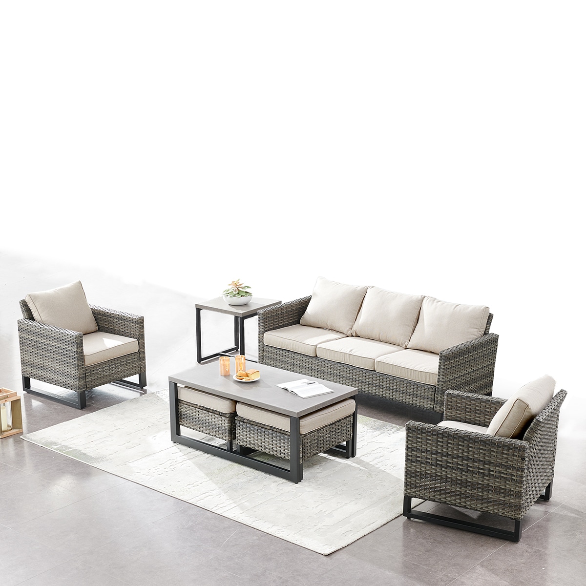 Rilyson FS062063065070-2 7 -Piece Wicker Patio Sofa Conversation Set with Off-white Cushions