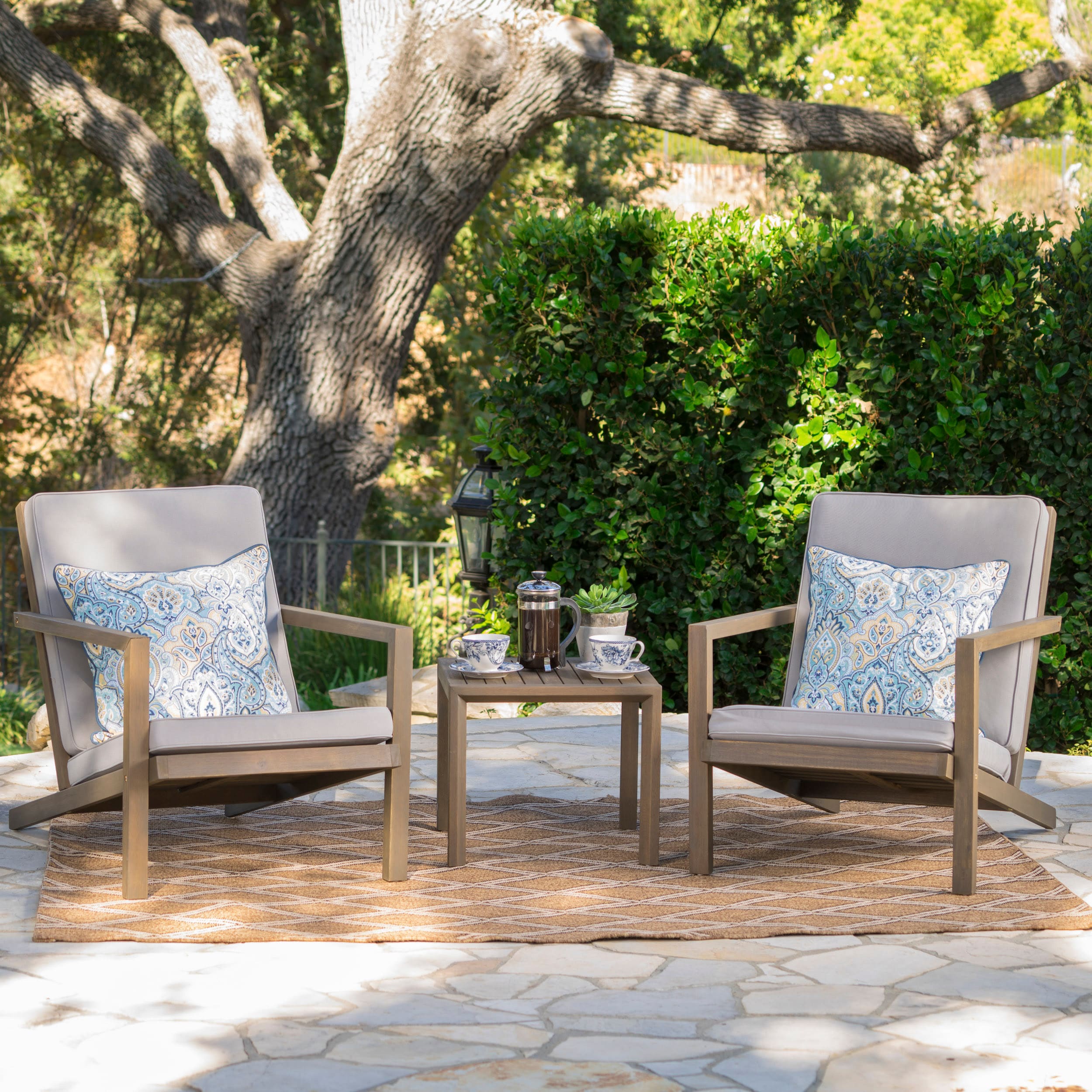Gray Acacia Wood 3-Piece Outdoor Chat Set with Water-Resistant Cushions