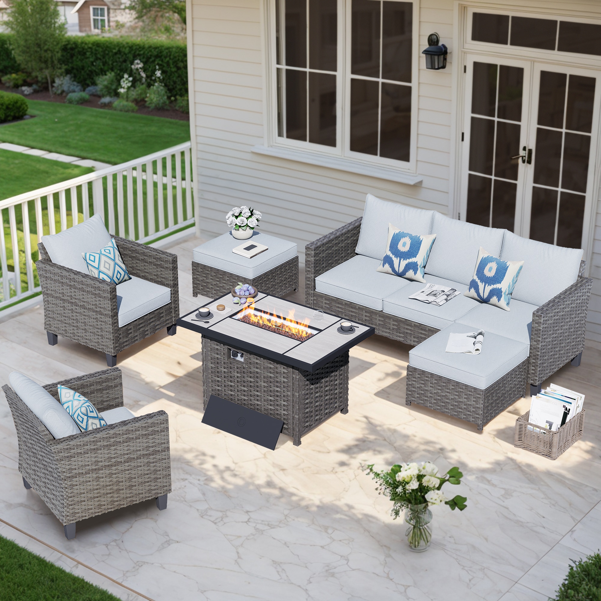 Pouuin SRFPGRS705 6-Piece Wicker Patio Sofa Conversation Set with Gray Cushions