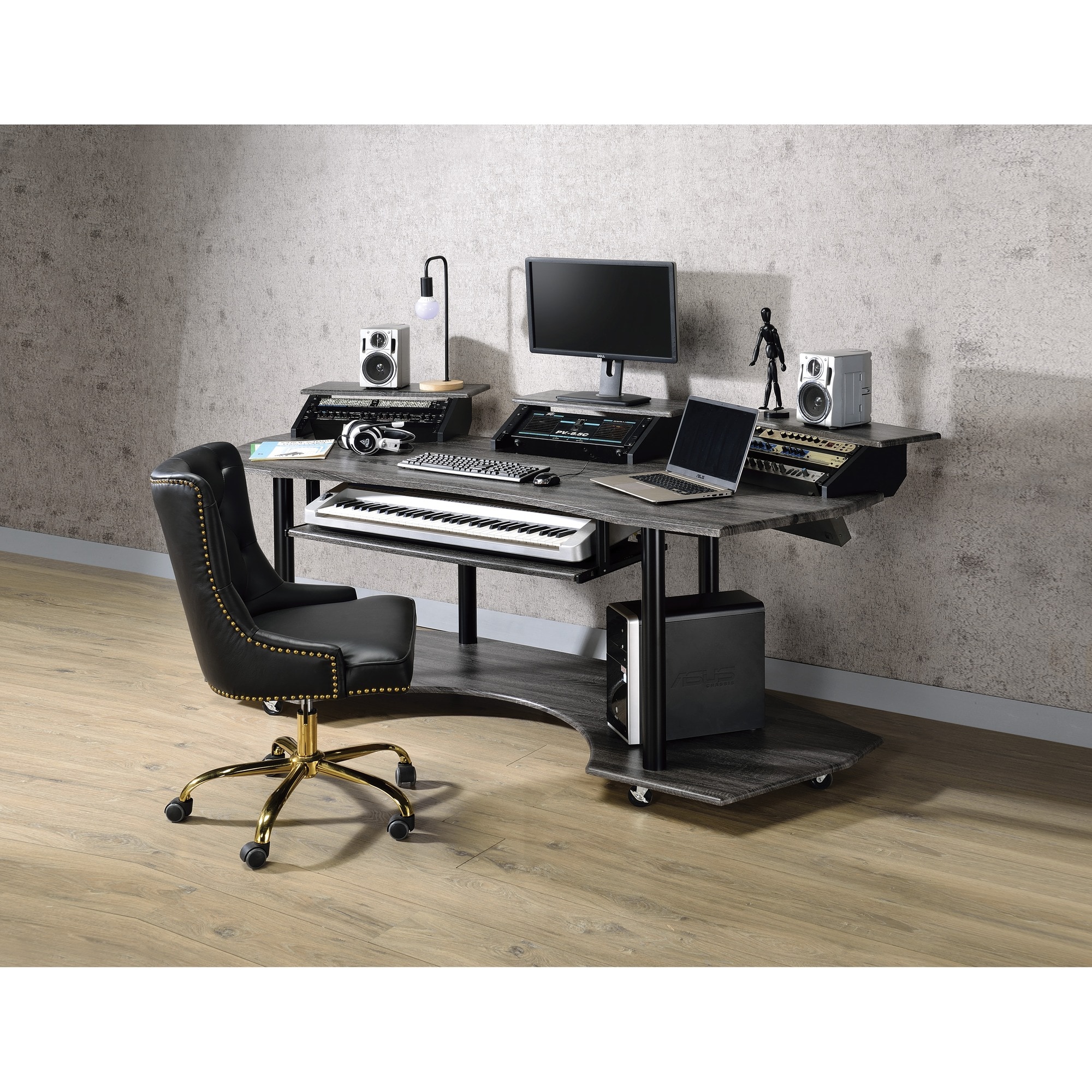 HyperDrop Cart 83-in L Black Oak Wood Steel Music Recording Studio Desk ...