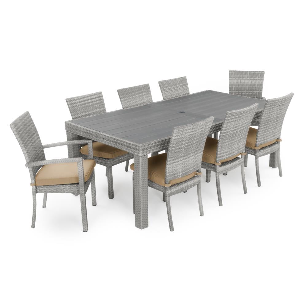 RST Brands OP-PETS9-CNS-MXM-K Cannes 9 -Piece Gray Wicker Patio Dining Set Wicker Rectangle Table with 8 Off-white Cushions Stationary and Motion Chairs