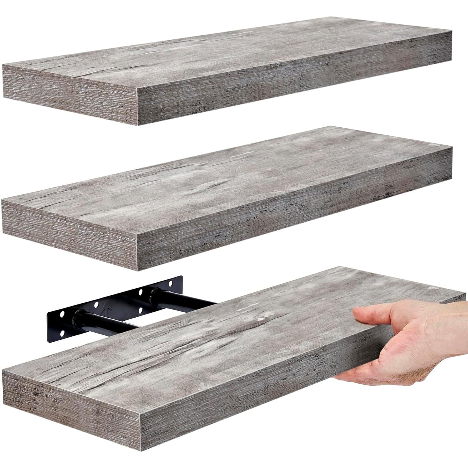 SORBUS WD-NTSHLV3-GRW 16.25-Inches L x 5.5-Inches D x 1.5-Inches H Gray Wood Rectangular Floating shelf 3 Decorative Shelves
