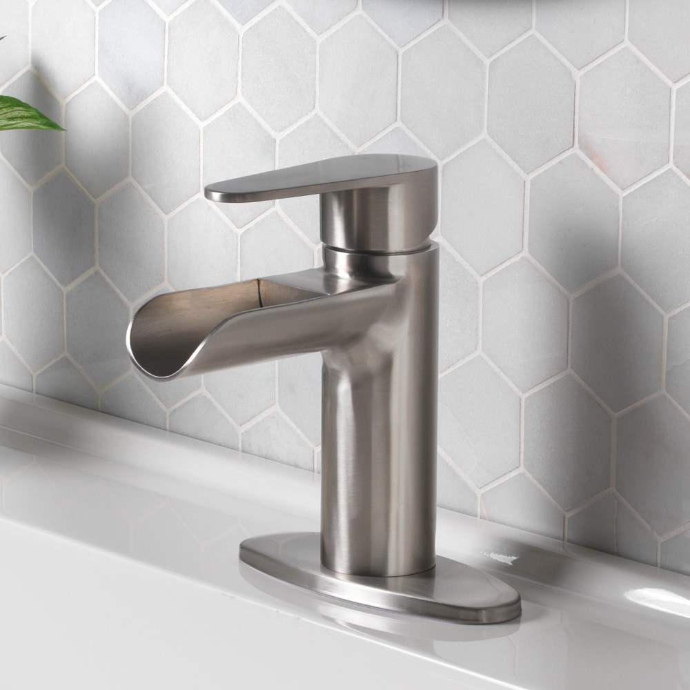 Project Source BPS-103-BN Haddington Brushed Nickel Single hole 1-handle WaterSense Waterfall Residential Handle Bathroom Sink Faucet with Drain with Deck Plate
