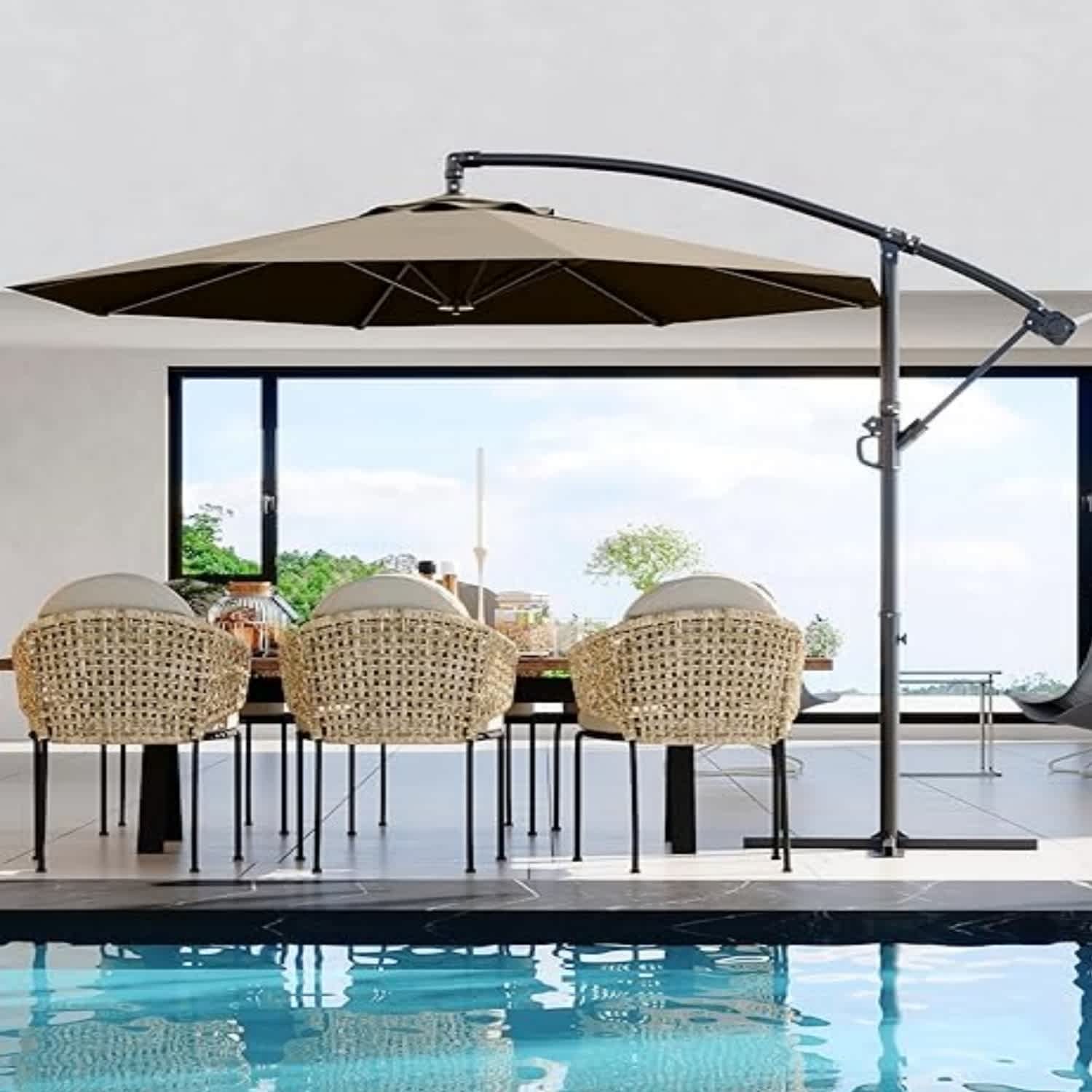 Qeetex LSHQQPPG-3347L5WV 10ft Patio Umbrella with Cantilever Design Cantilever Hanging Umbrella with Crank and Cross Base for Patio GardenTan