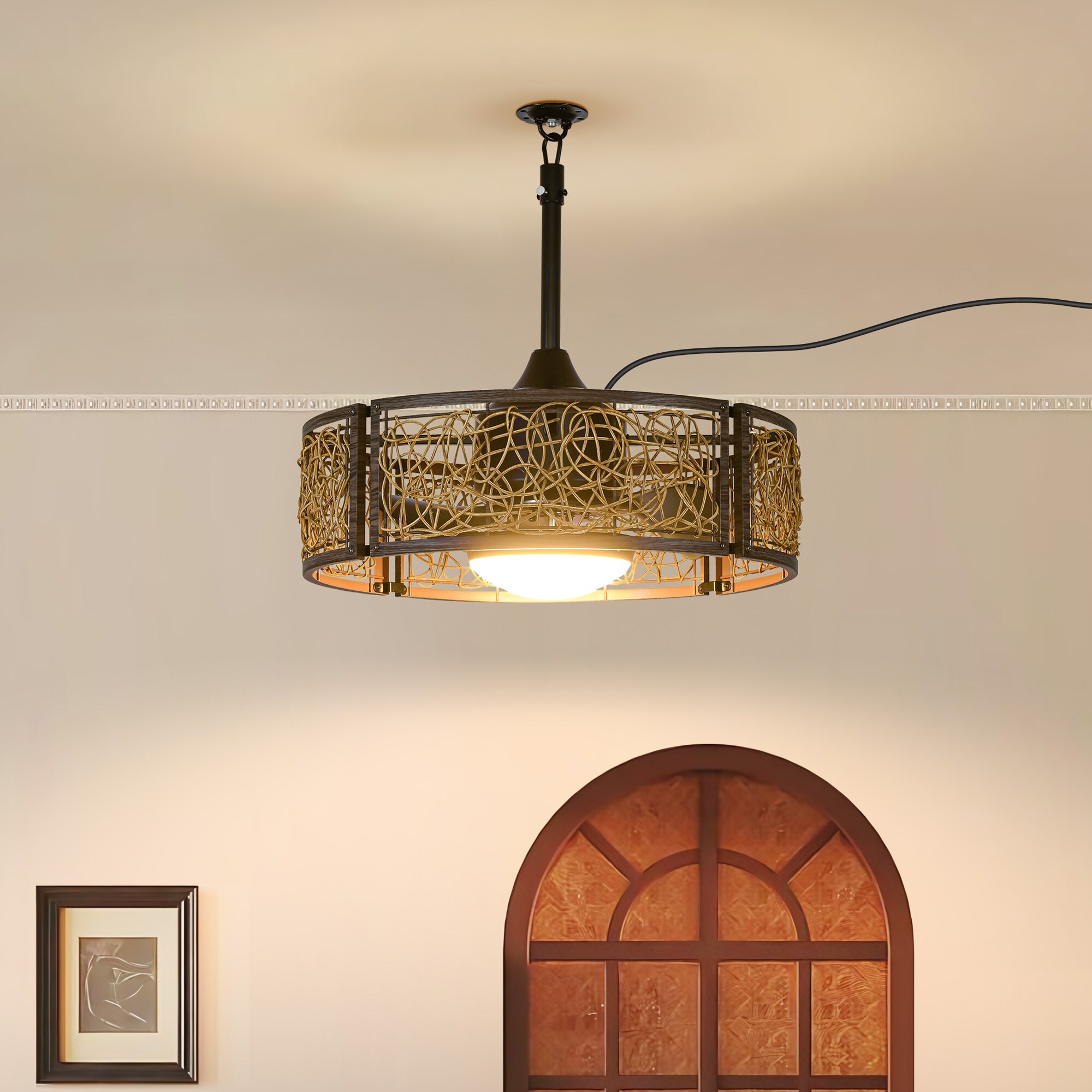 TALOYA  20 in Cage Ceiling Fan with LED Light Dark Walnut Iron and Natural Rattan Remote control