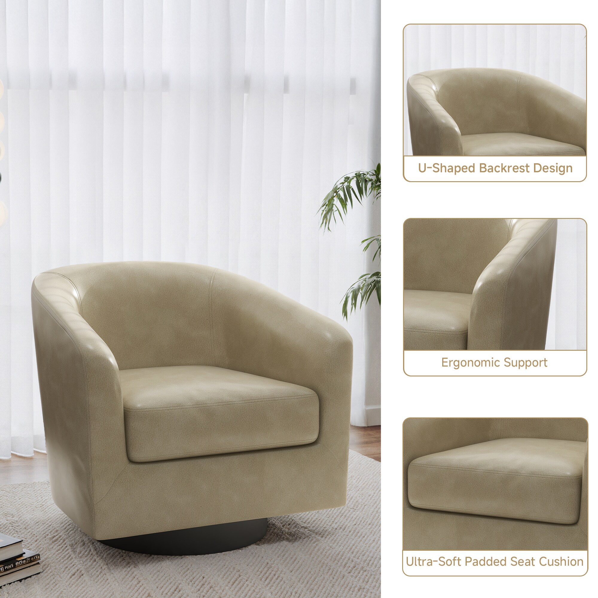 Dreamsidea Swivel Accent Chair with Solid Wood Base - Faux Leather ...