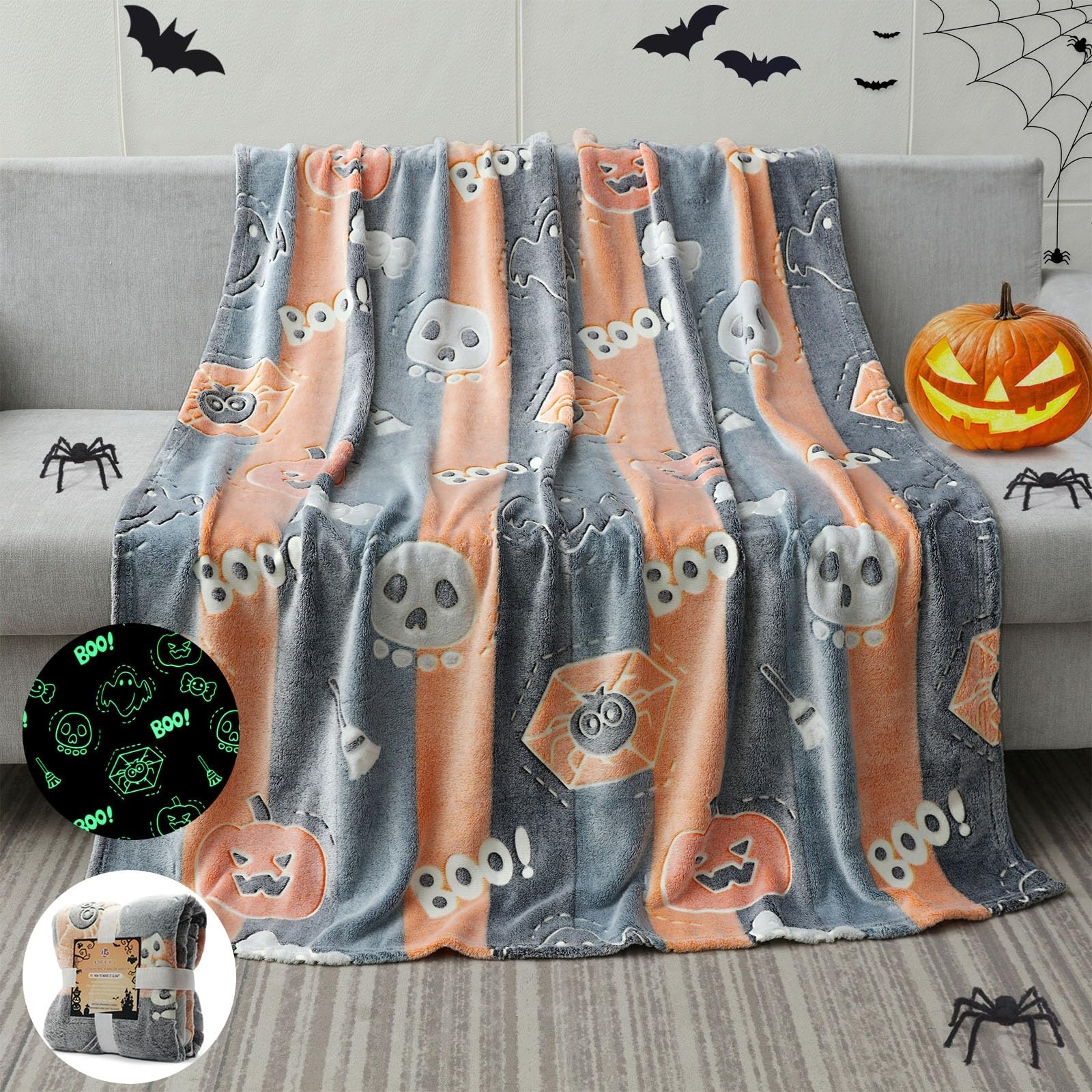 Phewnyzo  Glow in the Dark Halloween Blanket Soft Orange Pumpkin Blanket for Kids Girls Boys Ages 3 to 10 Cozy Plush Throw 50 x 60 Inch