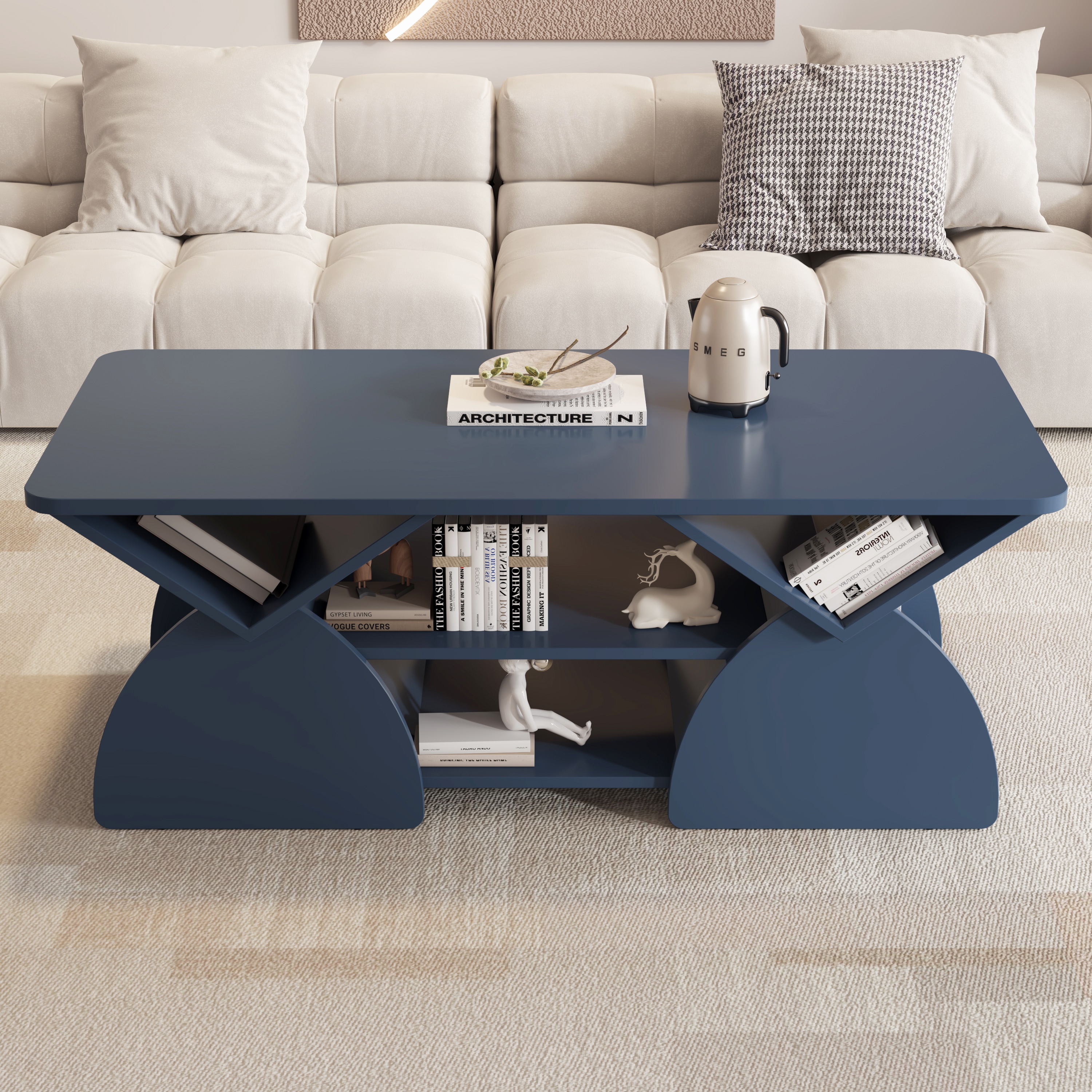 JUSHUA Engineered wood rounded corner rectangular coffee table for living room easy assembly storage table with open shelves sturdy frame for Reception Room Modern Coffee Table Geometric Design BLUE