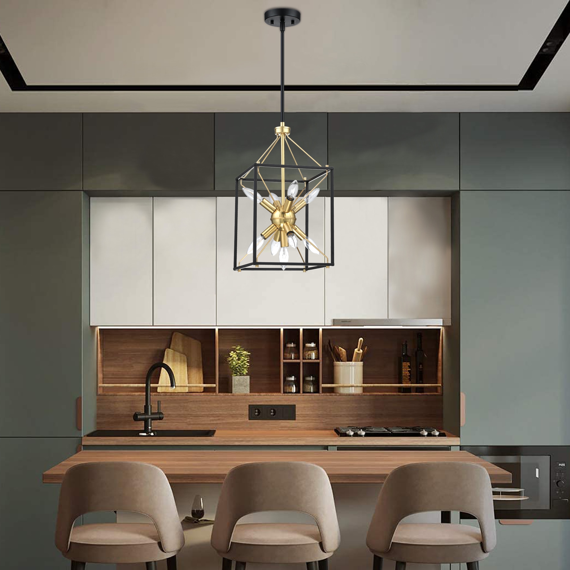 10" Matte Black and Gold Modern Rectangle Lantern Pendant Light