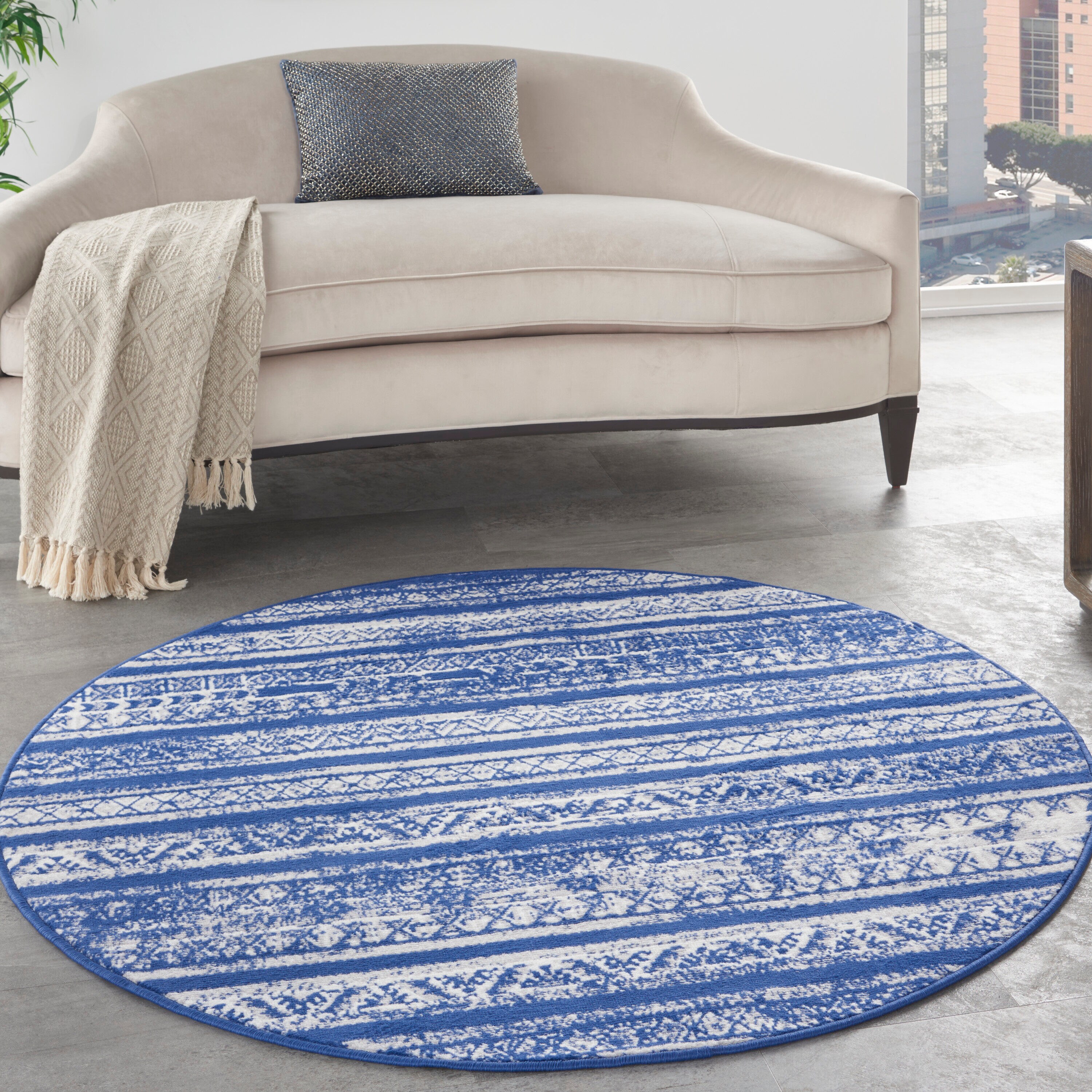Nourison 99446835055 Whimsicle 5 x 5 (ft) Loomed Polypropylene Navy Ivory Round Indoor Distressed/Overdyed Area rug