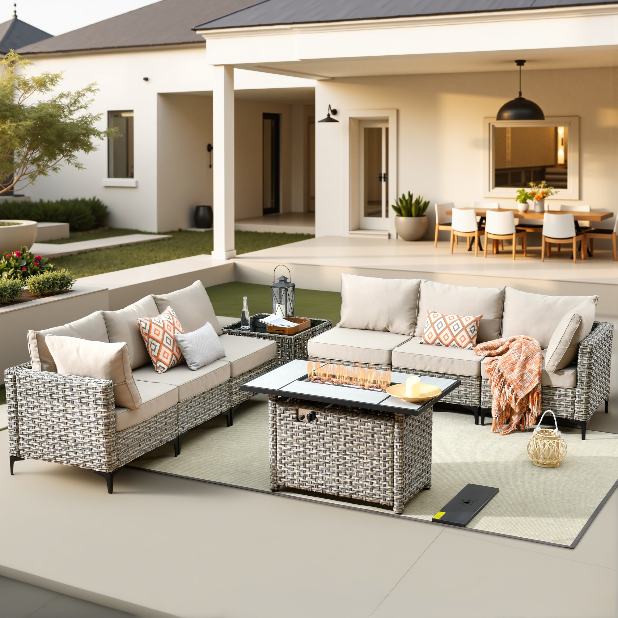 Pouuin RFPSKT608 Wicker Outdoor Sectional with Beige Cushions and Wicker Frame